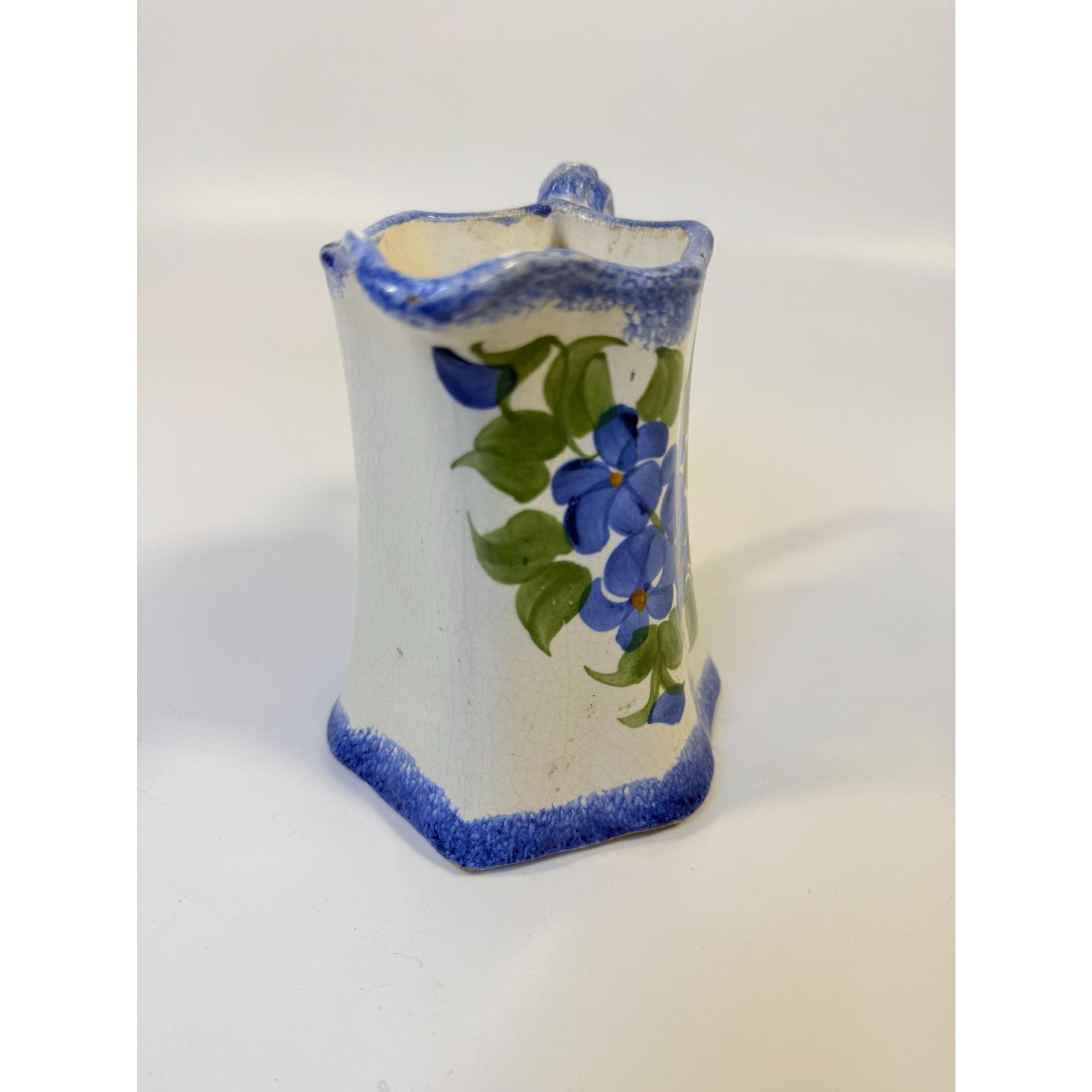 Pitcher Cash Family Pottery Vintage Blue White Milk Jug Creamer Hand Painted Flowers | Cottagecore French Country Kitchen Decor Tennessee