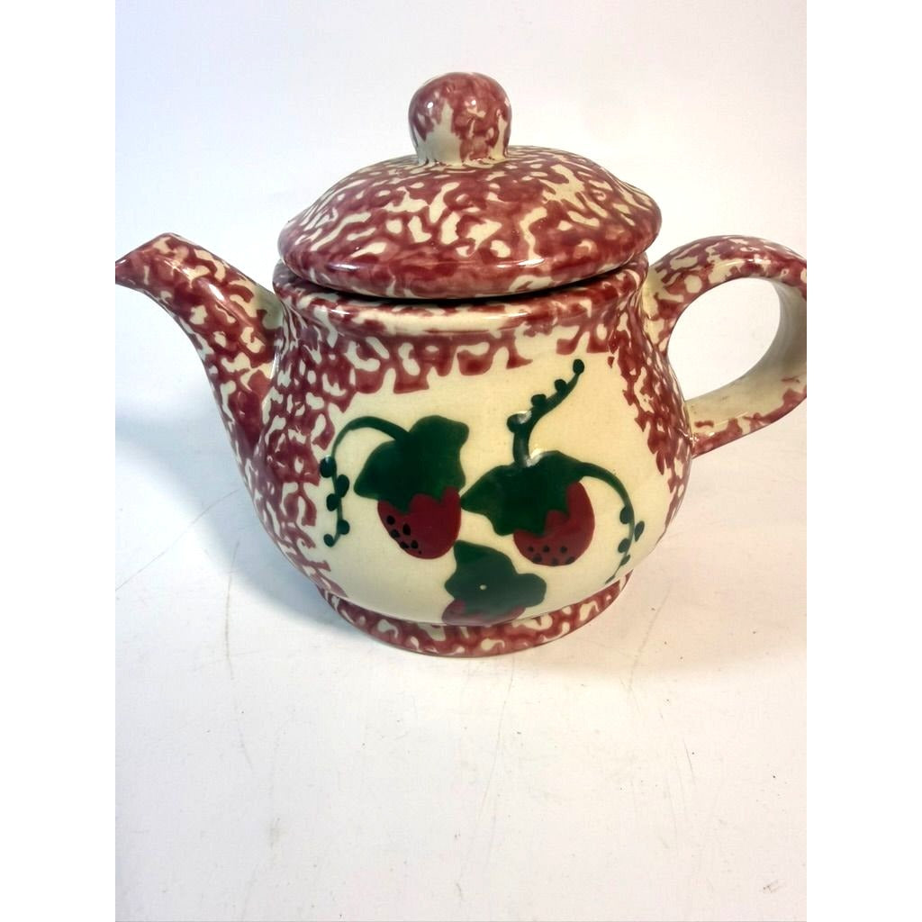 Teapot Strawberries Porcelain Ceramic Hand Painted Strawberry Vintage Spongeware Cottage Granny Farmhouse Home Decor Decorative Accents
