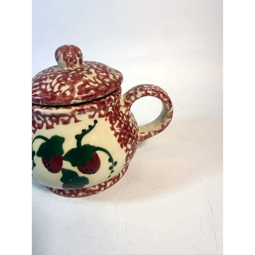 Teapot Strawberries Porcelain Ceramic Hand Painted Strawberry Vintage Spongeware Cottage Granny Farmhouse Home Decor Decorative Accents