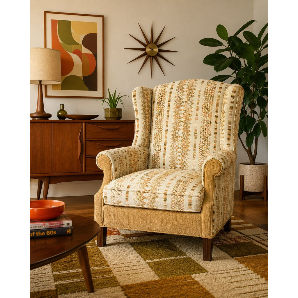 Accent Chair Wing Back Velvet  Jacquard Stripe Stuart Funiture Company Asheboro NC. Retro Kitsch Statement Piece Living Room Office