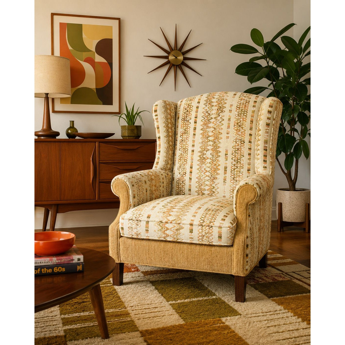 Accent Chair Wing Back Velvet  Jacquard Stripe Stuart Funiture Company Asheboro NC. Retro Kitsch Statement Piece Living Room Office