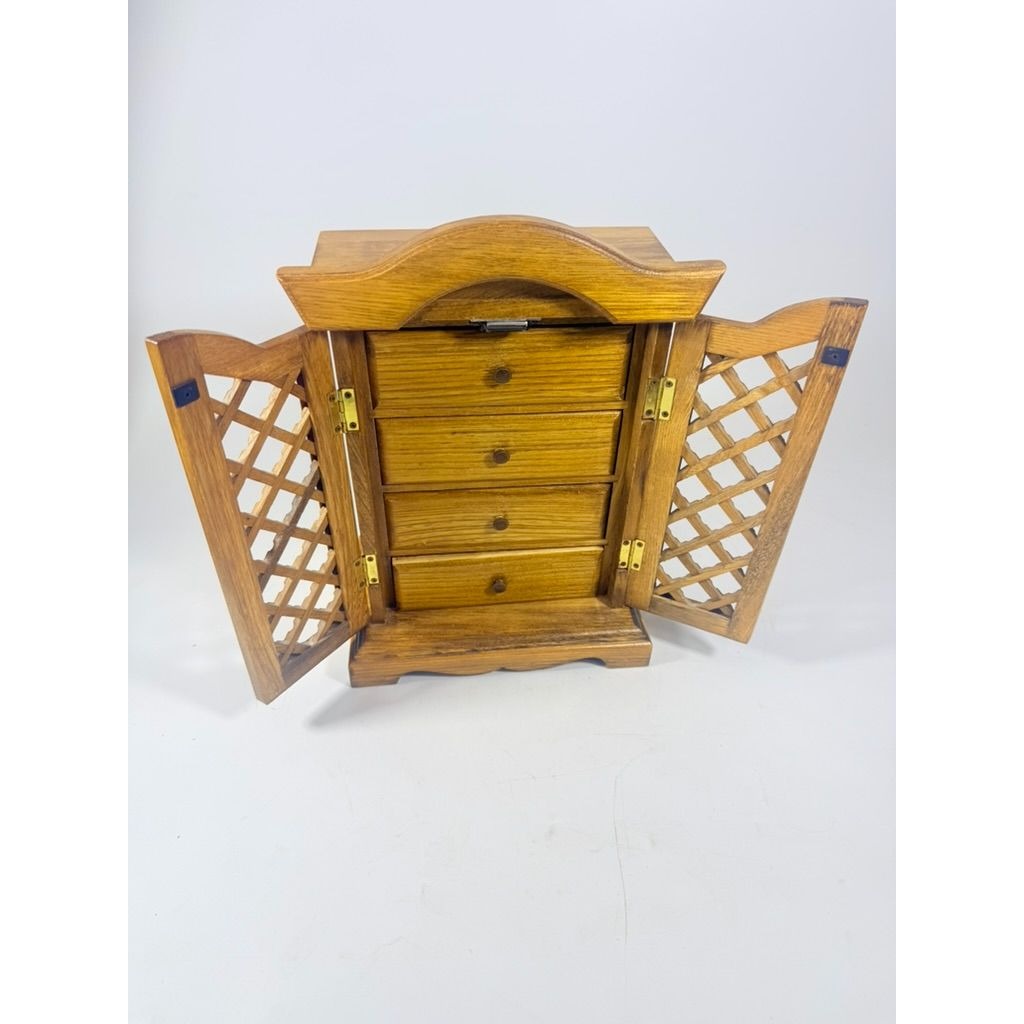 Wood Musical Jewelry Box Royal Sealy Japan Lattice Doors Table top Dresser Boudior Storage Holder Cabinet Music Box