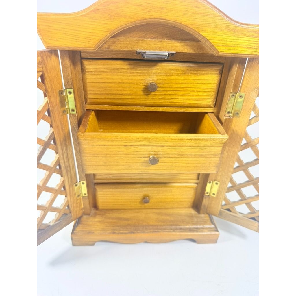 Wood Musical Jewelry Box Royal Sealy Japan Lattice Doors Table top Dresser Boudior Storage Holder Cabinet Music Box