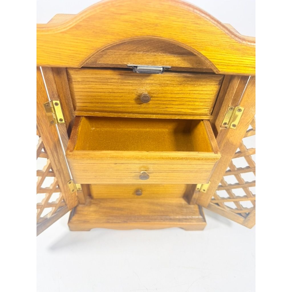 Wood Musical Jewelry Box Royal Sealy Japan Lattice Doors Table top Dresser Boudior Storage Holder Cabinet Music Box