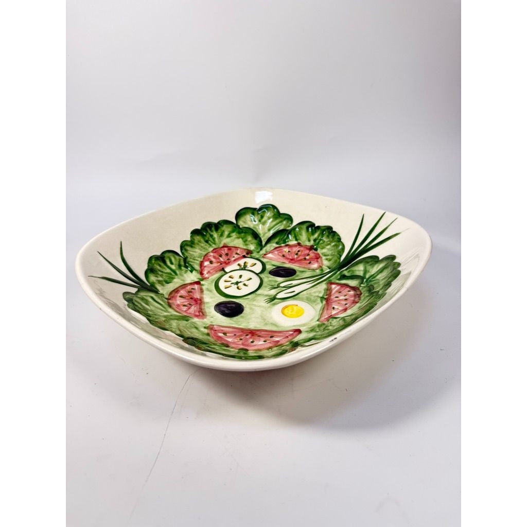 Large Salad Bowl Serving Dish Los Angeles Pottery Hand Painted Mid Century Vegetables Lettuce Tomatoes Onions Olives Replacement China