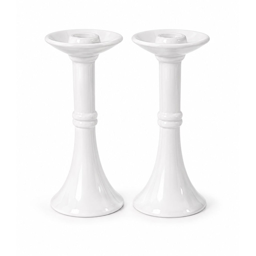 Pair Pottery Candlesticks Haegar #3266 Pilllar Candle Holder Stamped White Fluted Mid Century Vintage