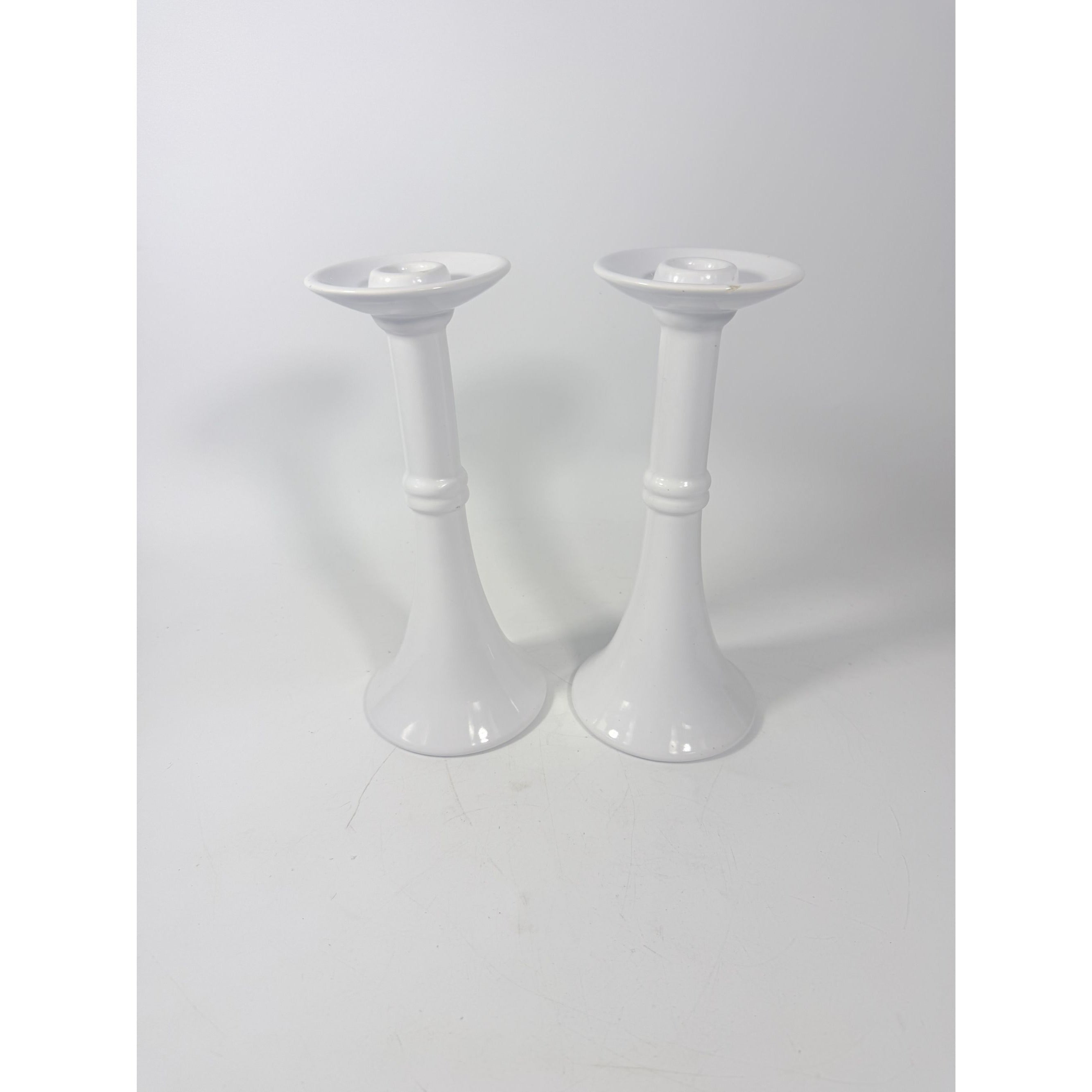 Pair Pottery Candlesticks Haegar #3266 Pilllar Candle Holder Stamped White Fluted Mid Century Vintage