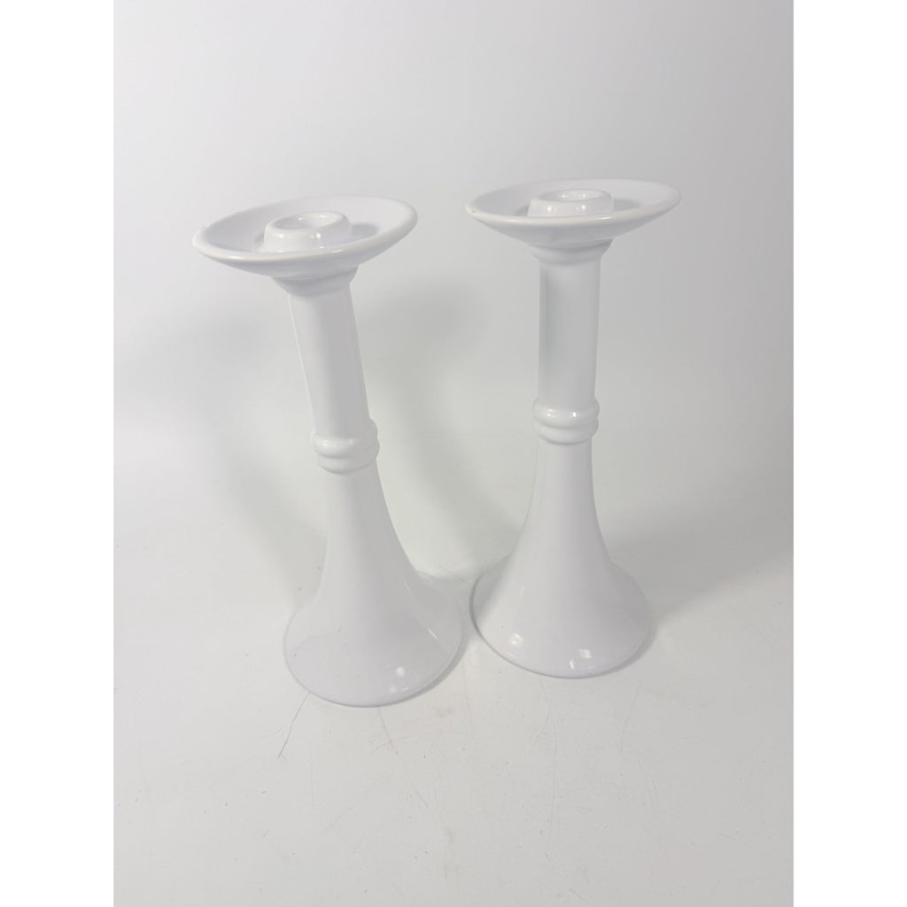 Pair Pottery Candlesticks Haegar #3266 Pilllar Candle Holder Stamped White Fluted Mid Century Vintage