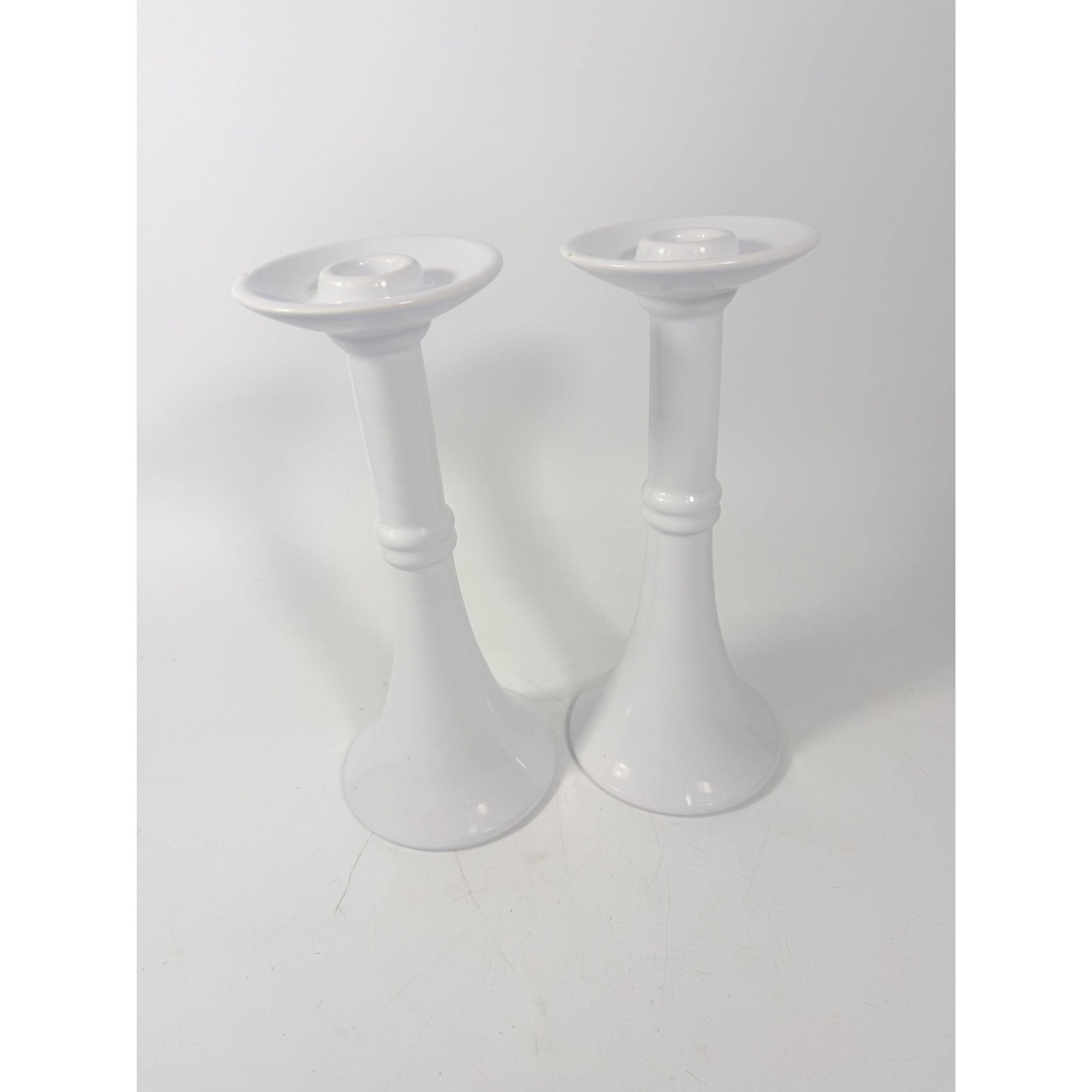 Pair Pottery Candlesticks Haegar #3266 Pilllar Candle Holder Stamped White Fluted Mid Century Vintage
