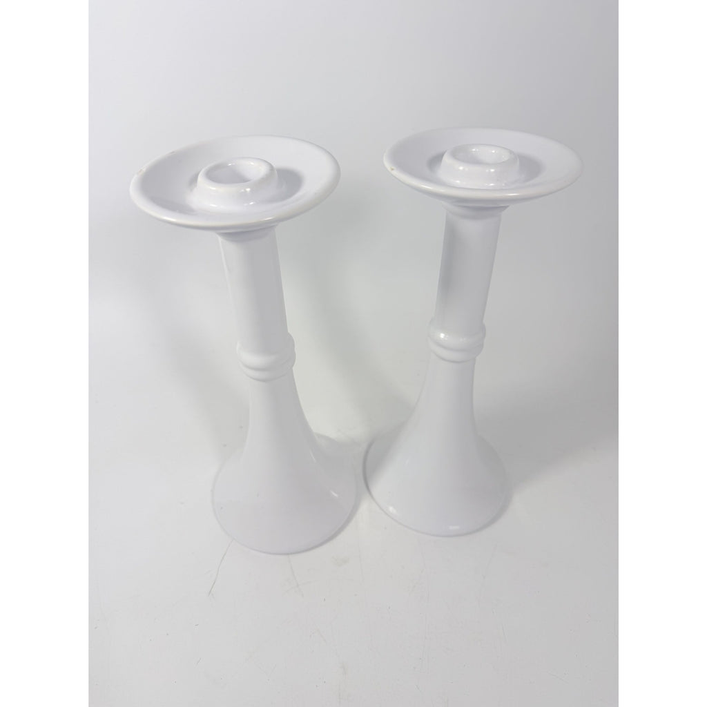 Pair Pottery Candlesticks Haegar #3266 Pilllar Candle Holder Stamped White Fluted Mid Century Vintage
