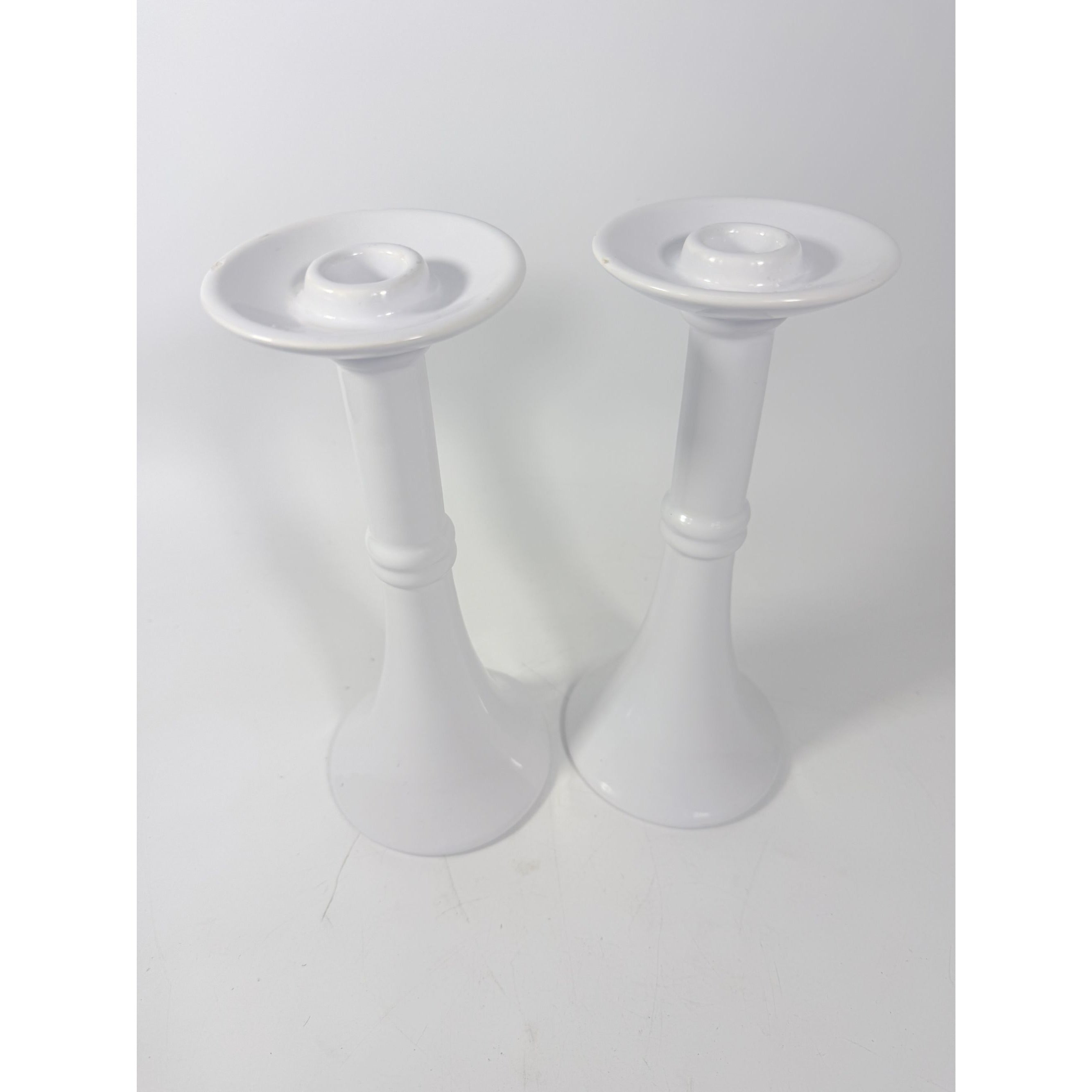 Pair Pottery Candlesticks Haegar #3266 Pilllar Candle Holder Stamped White Fluted Mid Century Vintage
