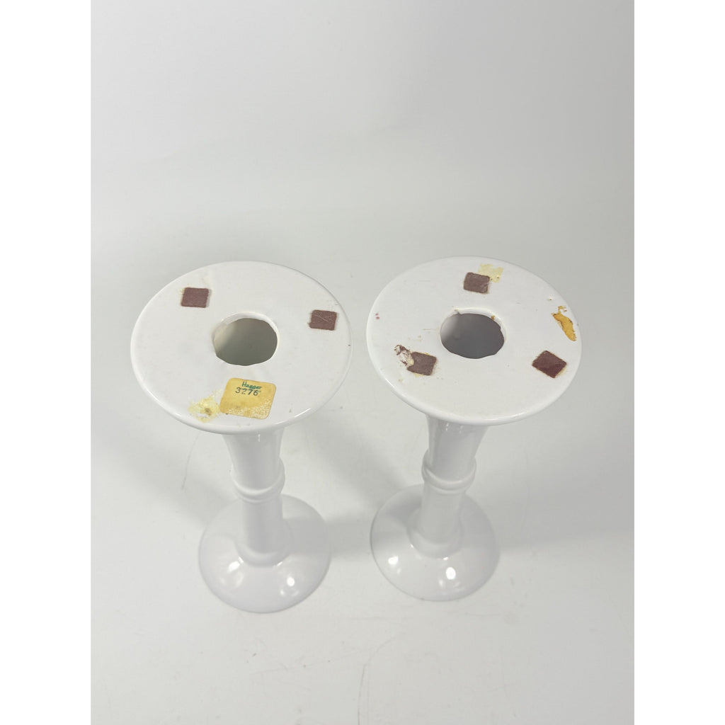 Pair Pottery Candlesticks Haegar #3266 Pilllar Candle Holder Stamped White Fluted Mid Century Vintage
