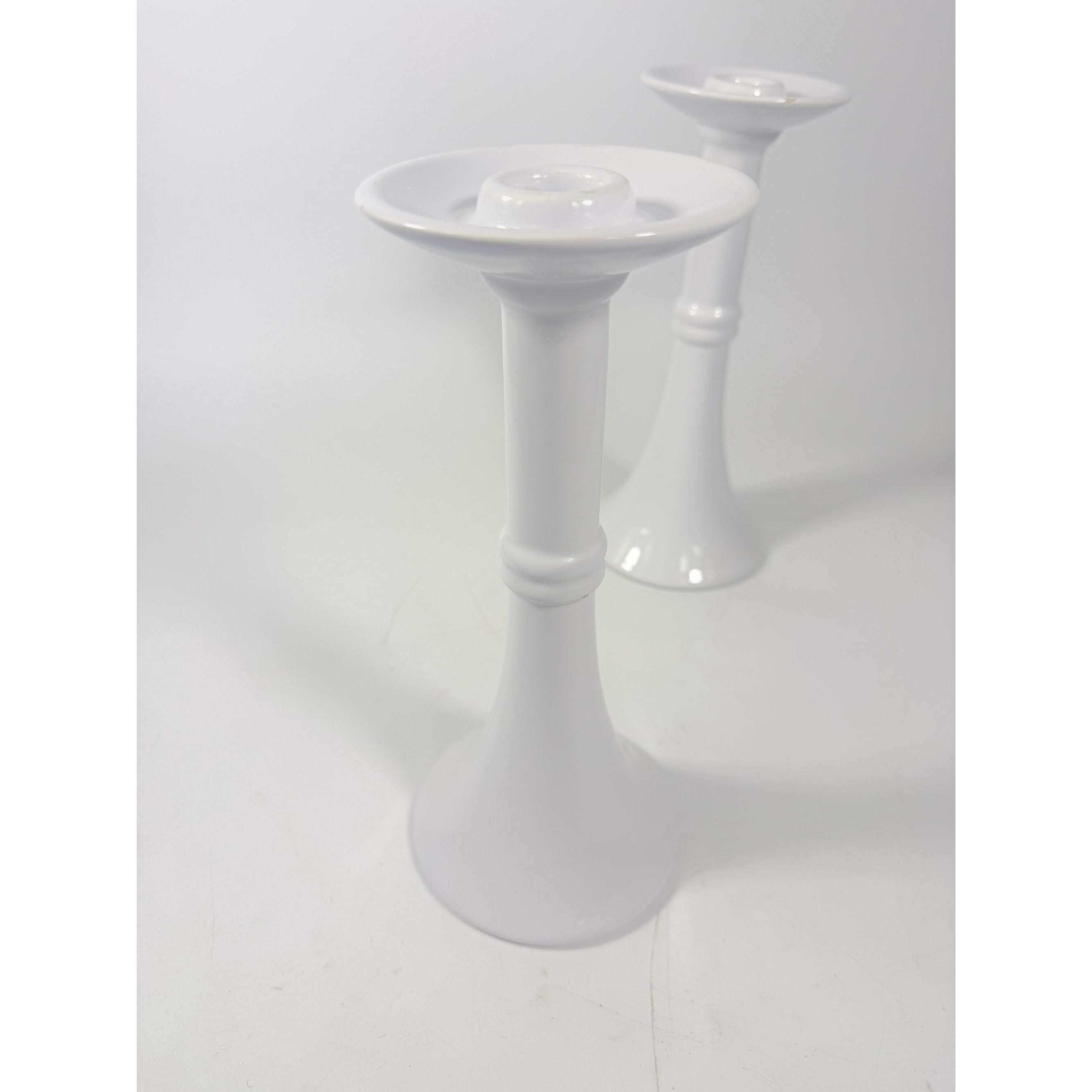 Pair Pottery Candlesticks Haegar #3266 Pilllar Candle Holder Stamped White Fluted Mid Century Vintage