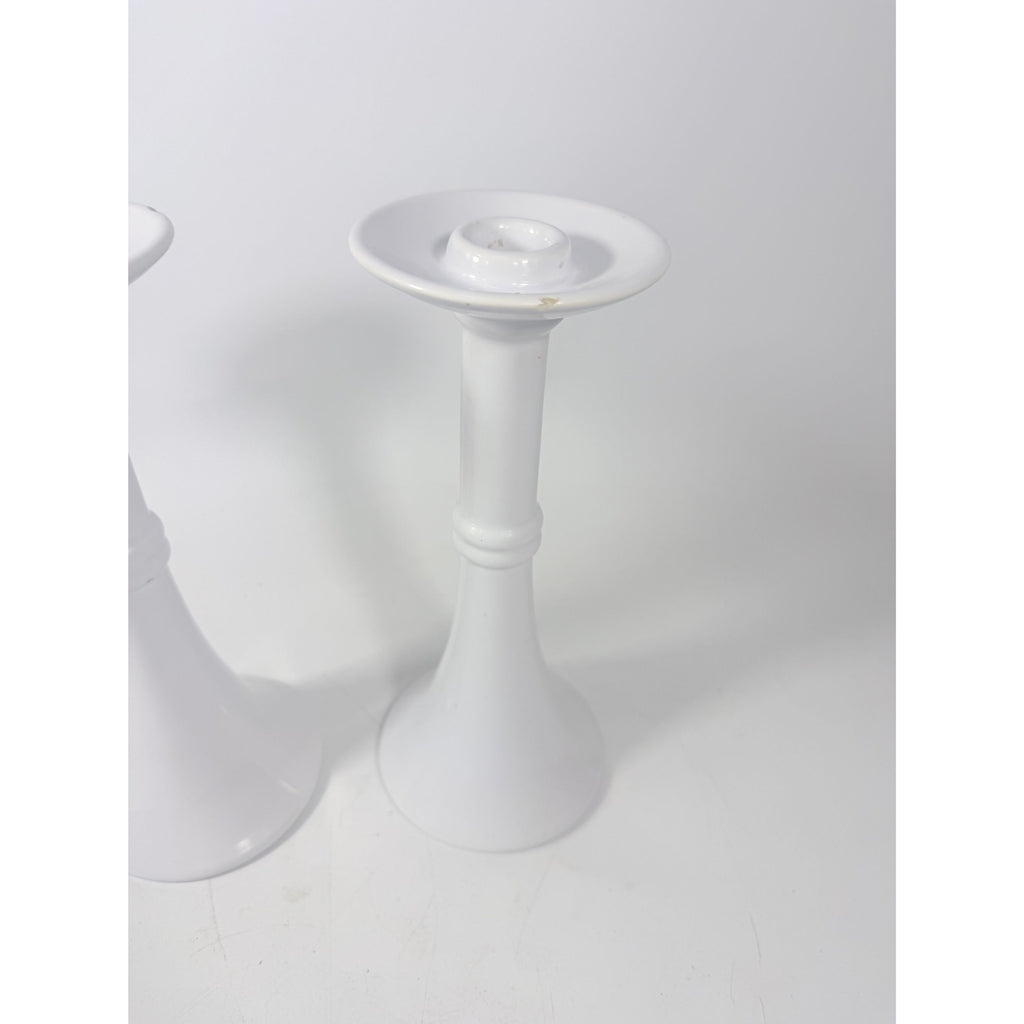 Pair Pottery Candlesticks Haegar #3266 Pilllar Candle Holder Stamped White Fluted Mid Century Vintage