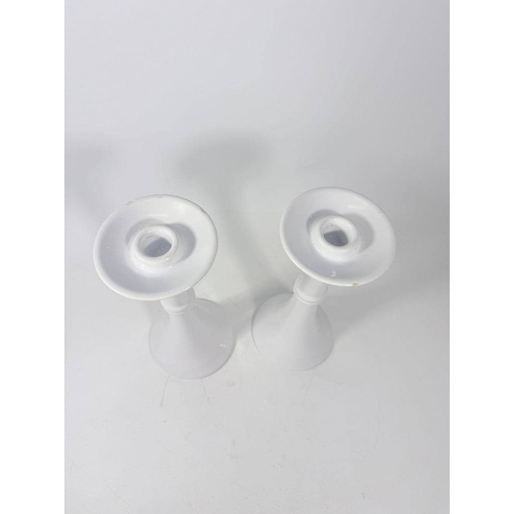Pair Pottery Candlesticks Haegar #3266 Pilllar Candle Holder Stamped White Fluted Mid Century Vintage