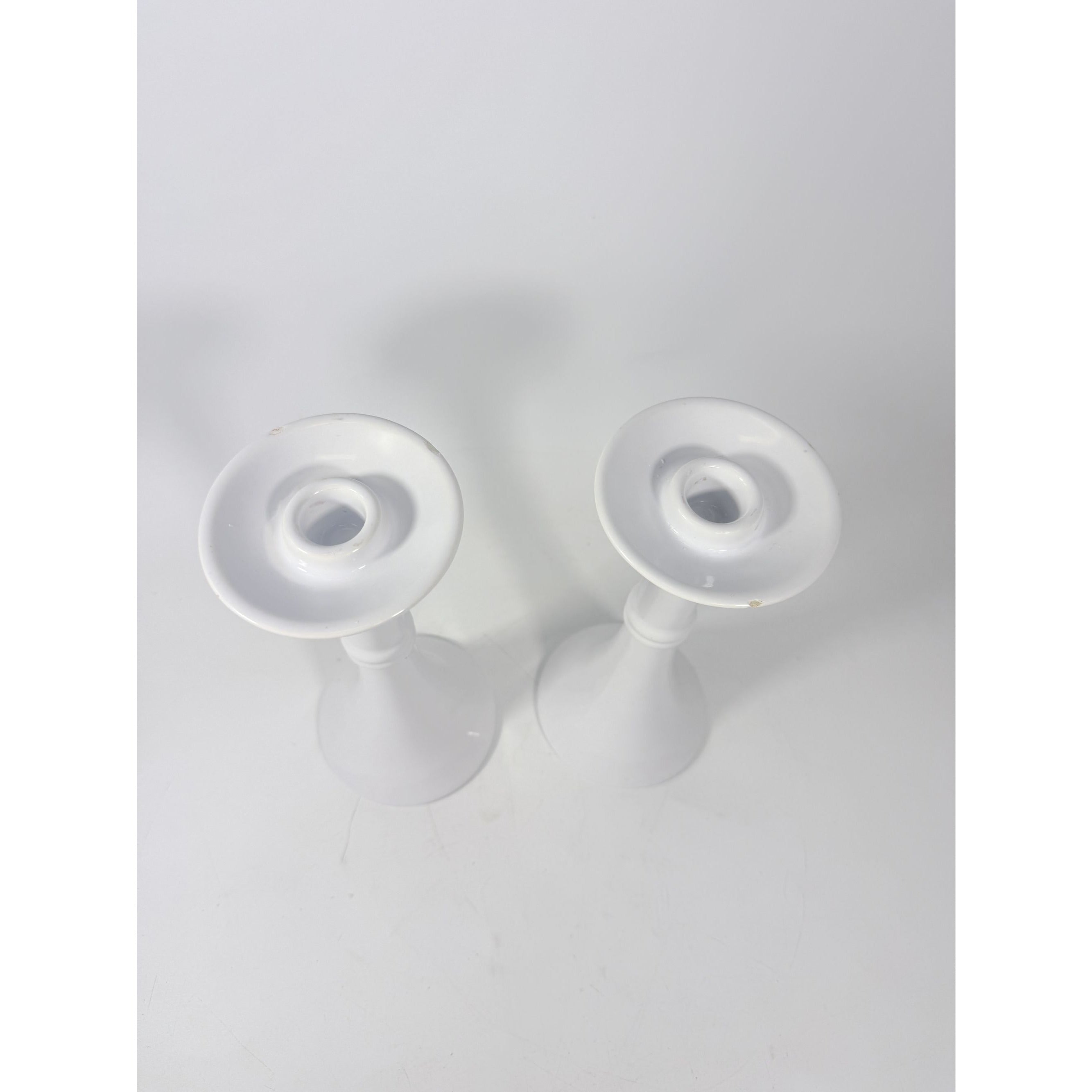 Pair Pottery Candlesticks Haegar #3266 Pilllar Candle Holder Stamped White Fluted Mid Century Vintage