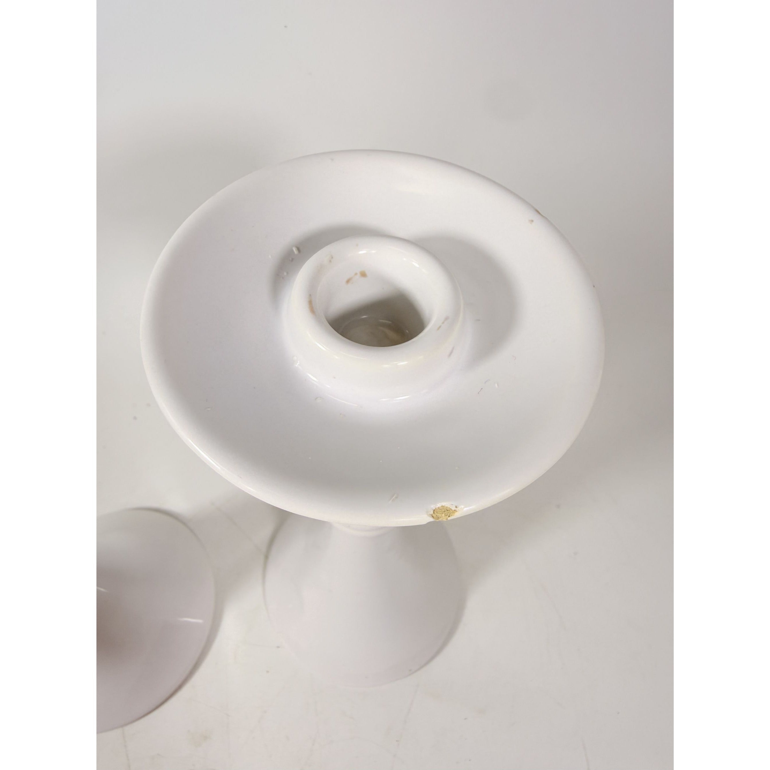 Pair Pottery Candlesticks Haegar #3266 Pilllar Candle Holder Stamped White Fluted Mid Century Vintage