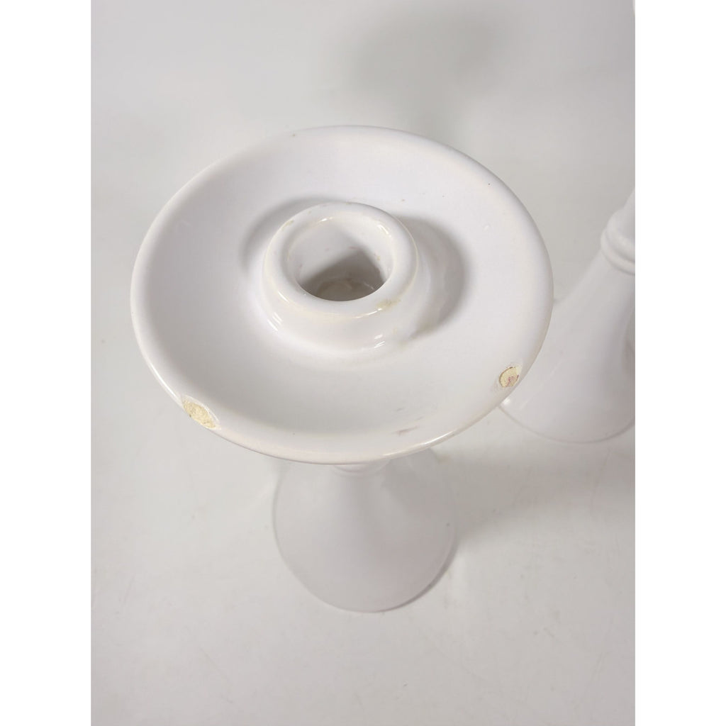 Pair Pottery Candlesticks Haegar #3266 Pilllar Candle Holder Stamped White Fluted Mid Century Vintage