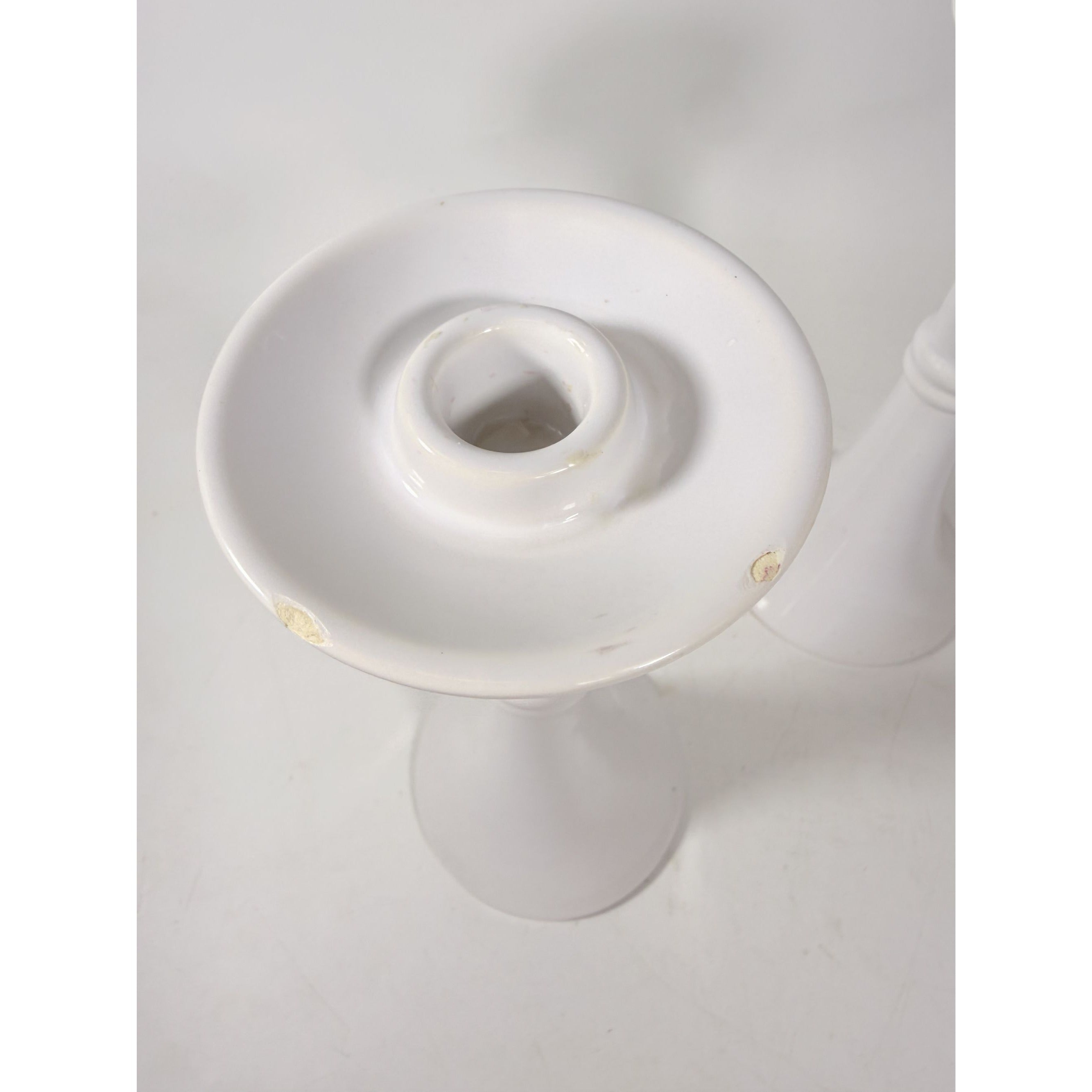 Pair Pottery Candlesticks Haegar #3266 Pilllar Candle Holder Stamped White Fluted Mid Century Vintage