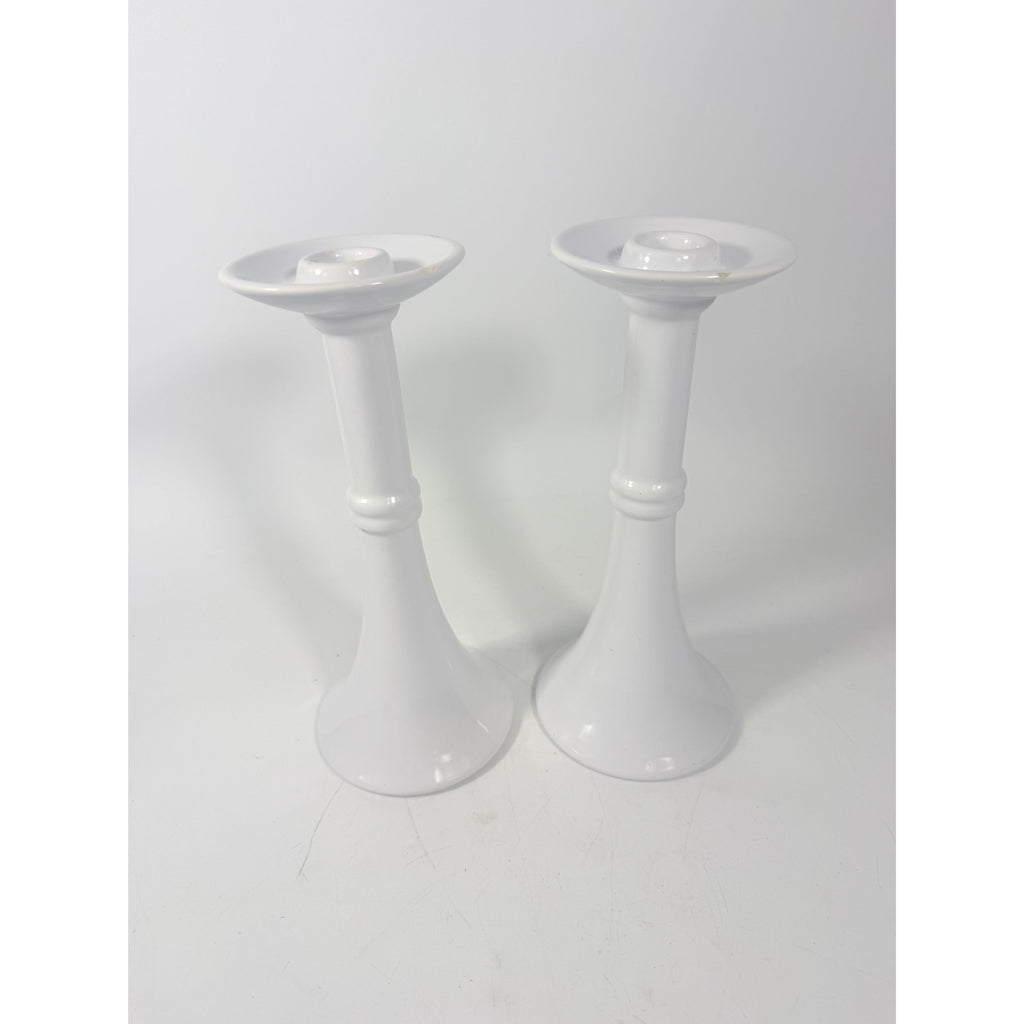 Pair Pottery Candlesticks Haegar #3266 Pilllar Candle Holder Stamped White Fluted Mid Century Vintage