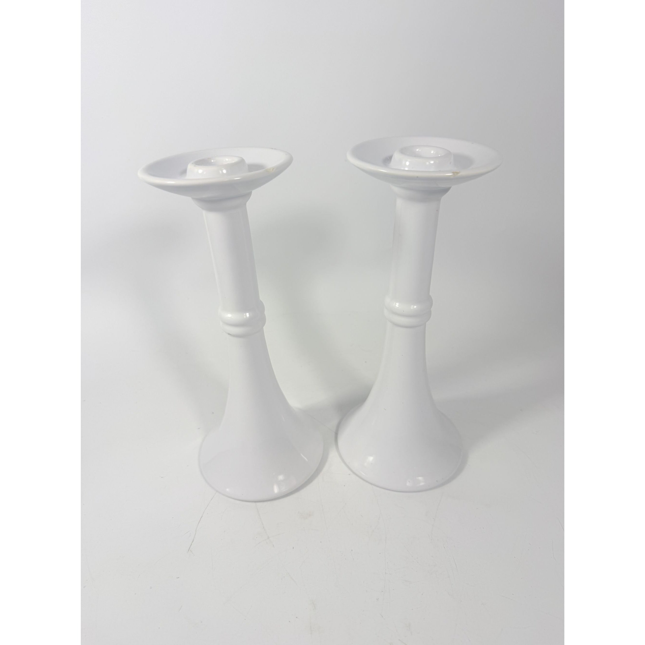 Pair Pottery Candlesticks Haegar #3266 Pilllar Candle Holder Stamped White Fluted Mid Century Vintage