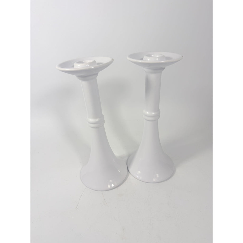 Pair Pottery Candlesticks Haegar #3266 Pilllar Candle Holder Stamped White Fluted Mid Century Vintage