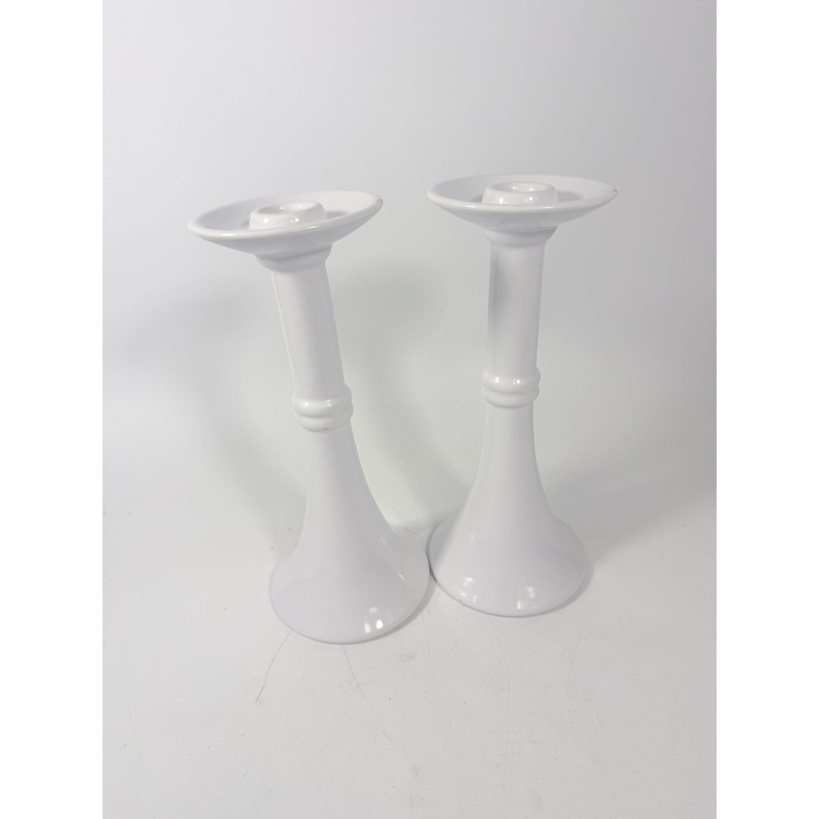 Pair Pottery Candlesticks Haegar #3266 Pilllar Candle Holder Stamped White Fluted Mid Century Vintage