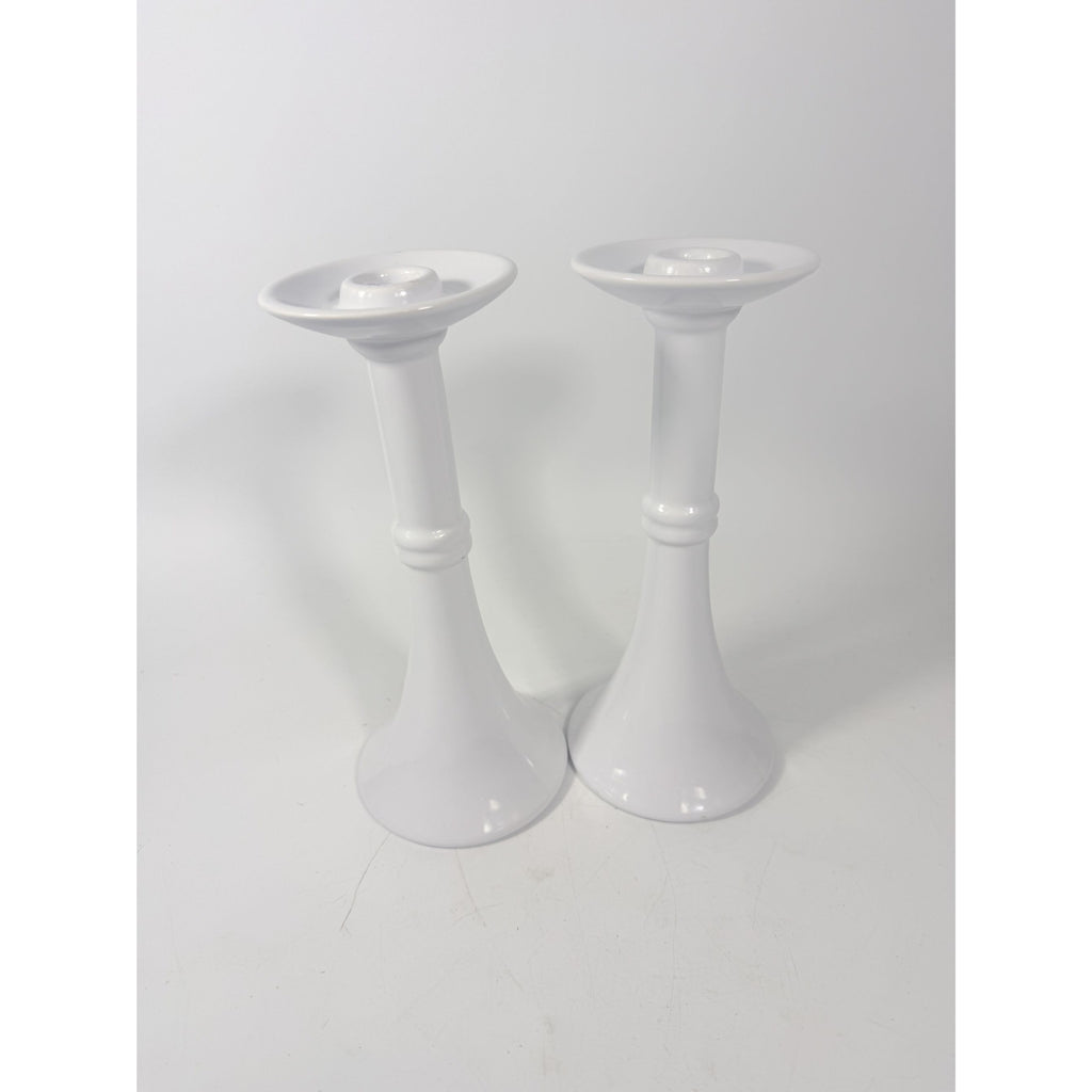 Pair Pottery Candlesticks Haegar #3266 Pilllar Candle Holder Stamped White Fluted Mid Century Vintage