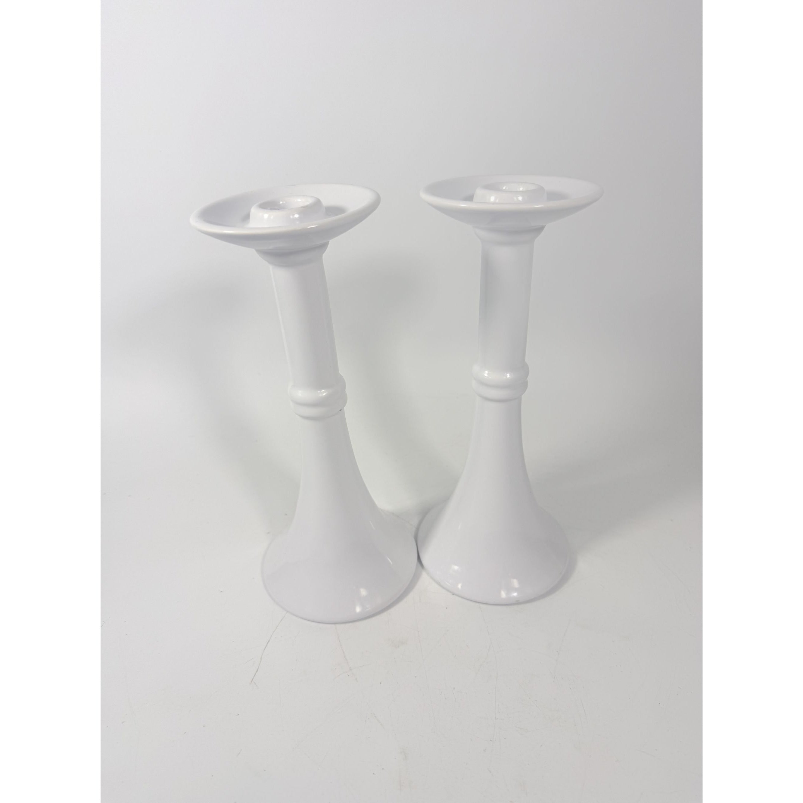 Pair Pottery Candlesticks Haegar #3266 Pilllar Candle Holder Stamped White Fluted Mid Century Vintage