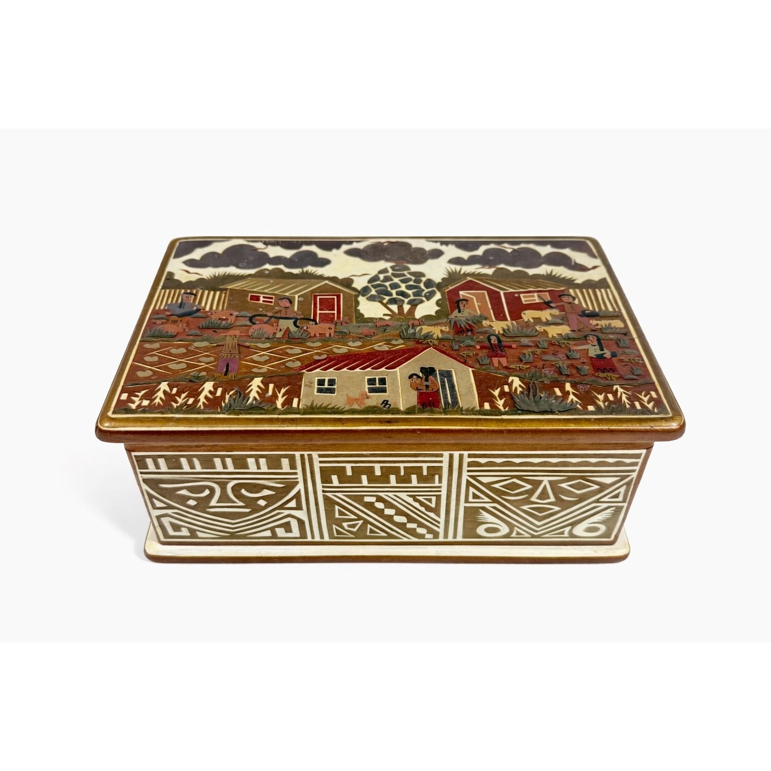Wooden Box Hinged Gilberto Granja Farm Scene Hand Carved Artisan Chest Vintage hand Painted Wood Farming Native Home Decor Decorative Accent