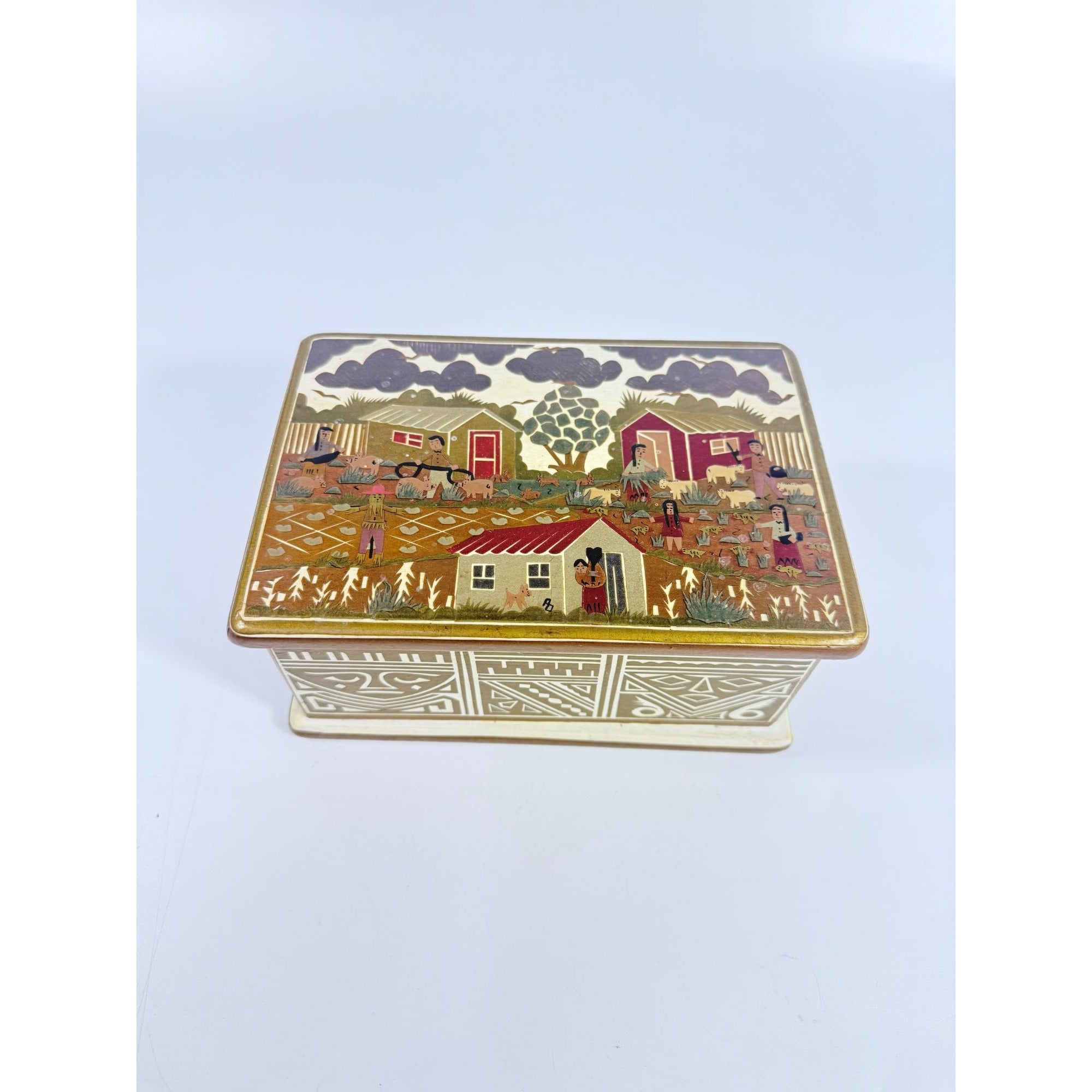 Wooden Box Hinged Gilberto Granja Farm Scene Hand Carved Artisan Chest Vintage hand Painted Wood Farming Native Home Decor Decorative Accent