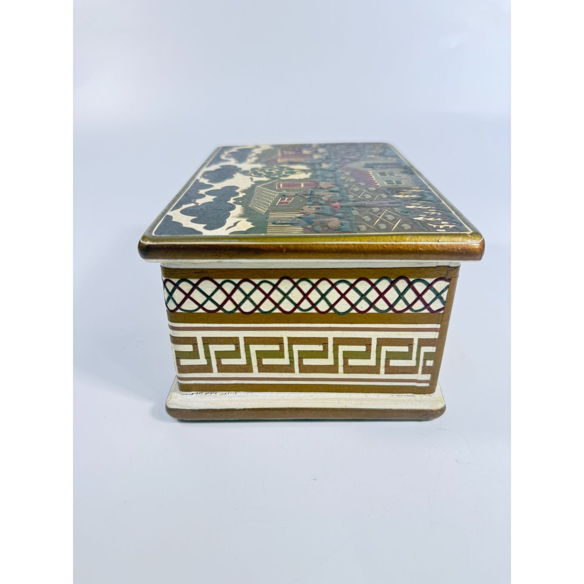 Wooden Box Hinged Gilberto Granja Farm Scene Hand Carved Artisan Chest Vintage hand Painted Wood Farming Native Home Decor Decorative Accent
