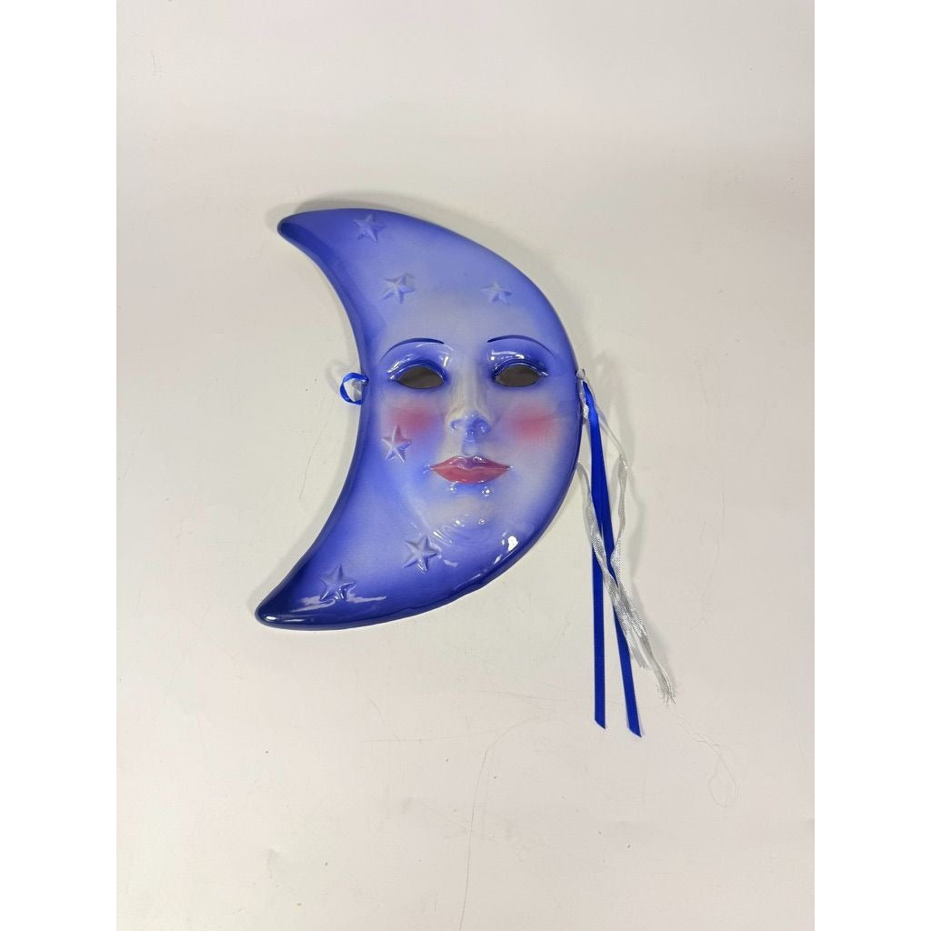 Blue Crescent Moon Face Mask Ceramic Clay Wall Art Celestial Decor Collectible Home Decor Decorative Accents