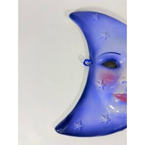 Blue Crescent Moon Face Mask Ceramic Clay Wall Art Celestial Decor Collectible Home Decor Decorative Accents