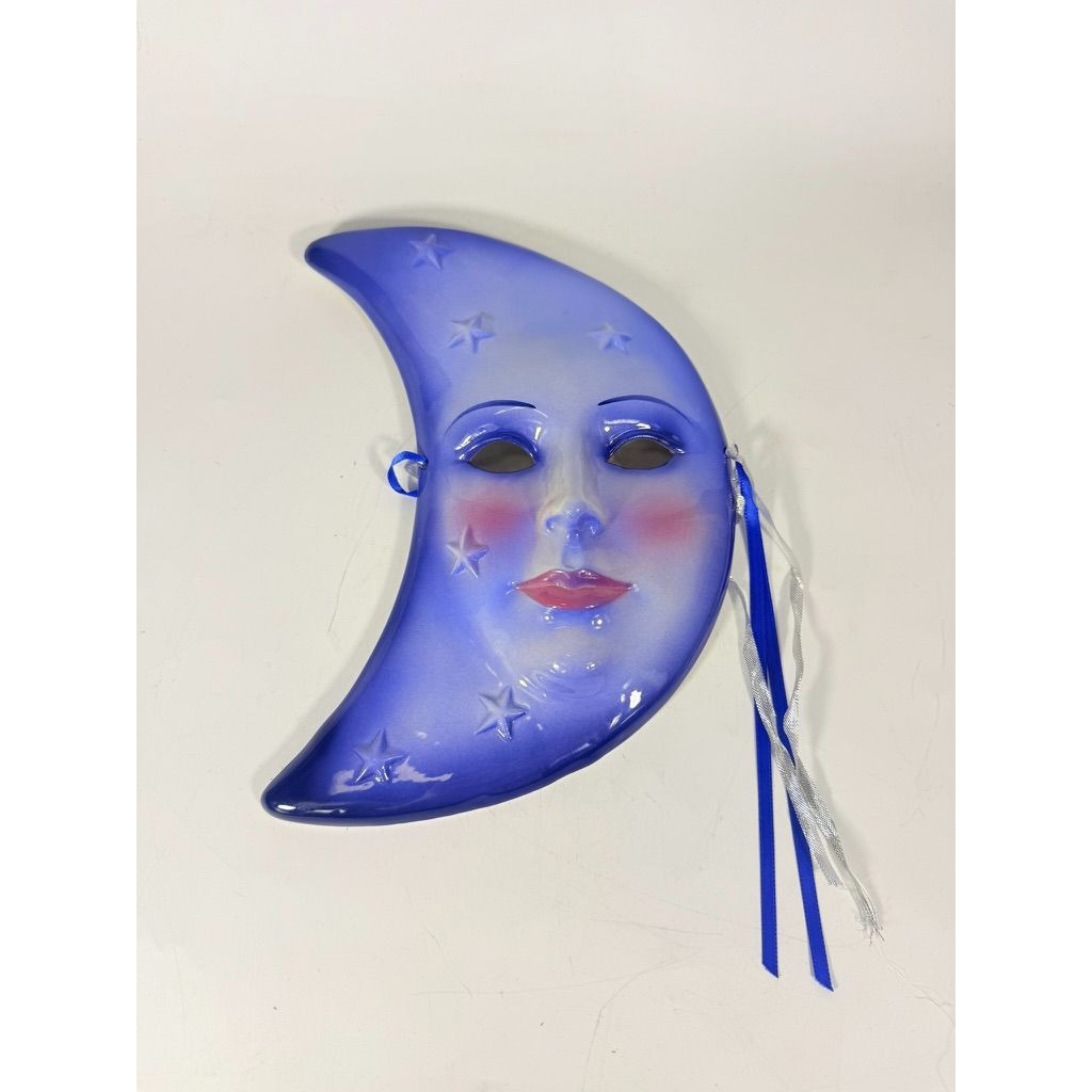 Blue Crescent Moon Face Mask Ceramic Clay Wall Art Celestial Decor Collectible Home Decor Decorative Accents