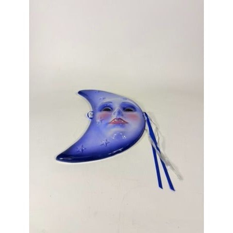 Blue Crescent Moon Face Mask Ceramic Clay Wall Art Celestial Decor Collectible Home Decor Decorative Accents