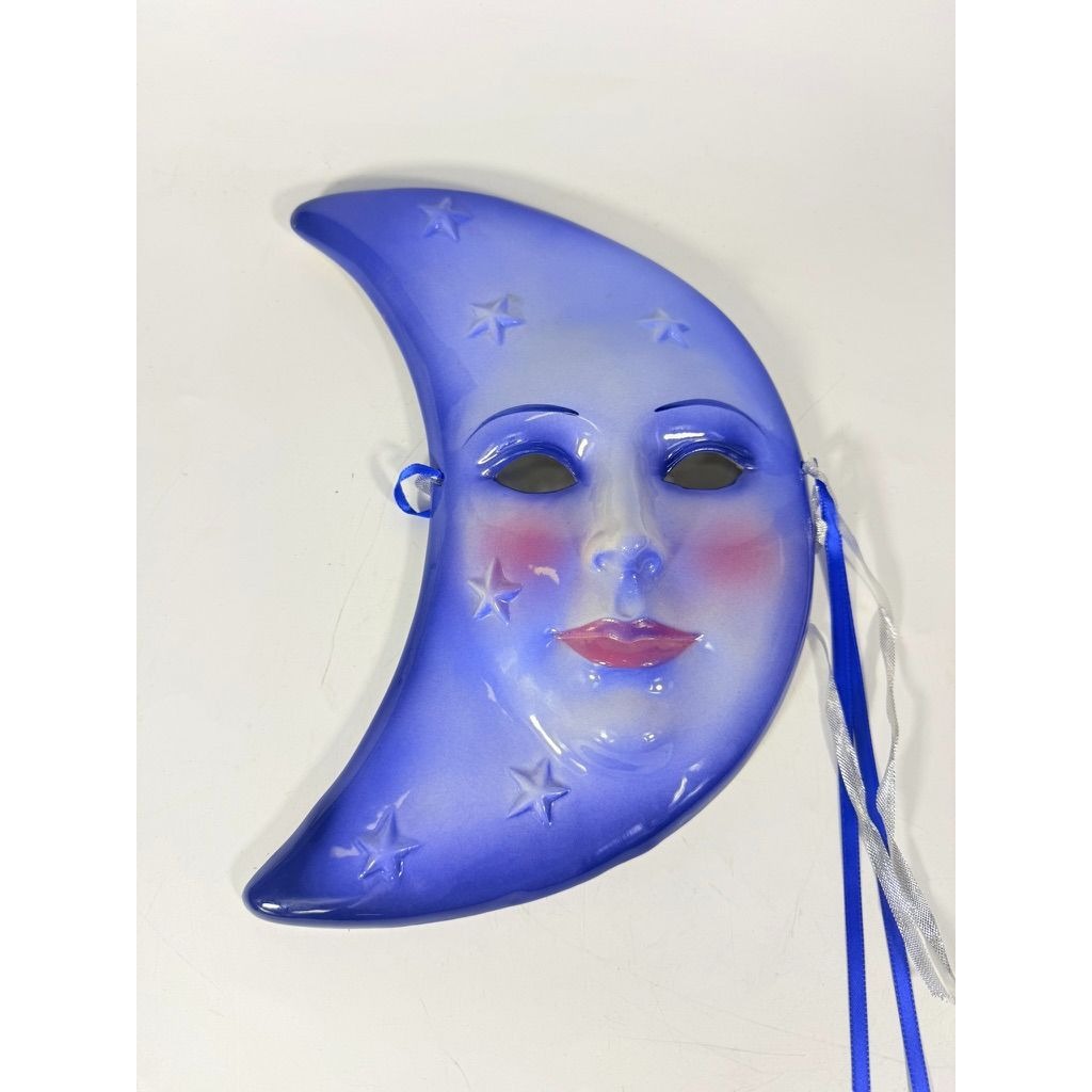 Blue Crescent Moon Face Mask Ceramic Clay Wall Art Celestial Decor Collectible Home Decor Decorative Accents