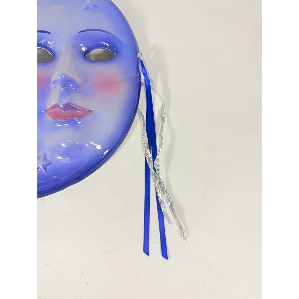 Blue Crescent Moon Face Mask Ceramic Clay Wall Art Celestial Decor Collectible Home Decor Decorative Accents