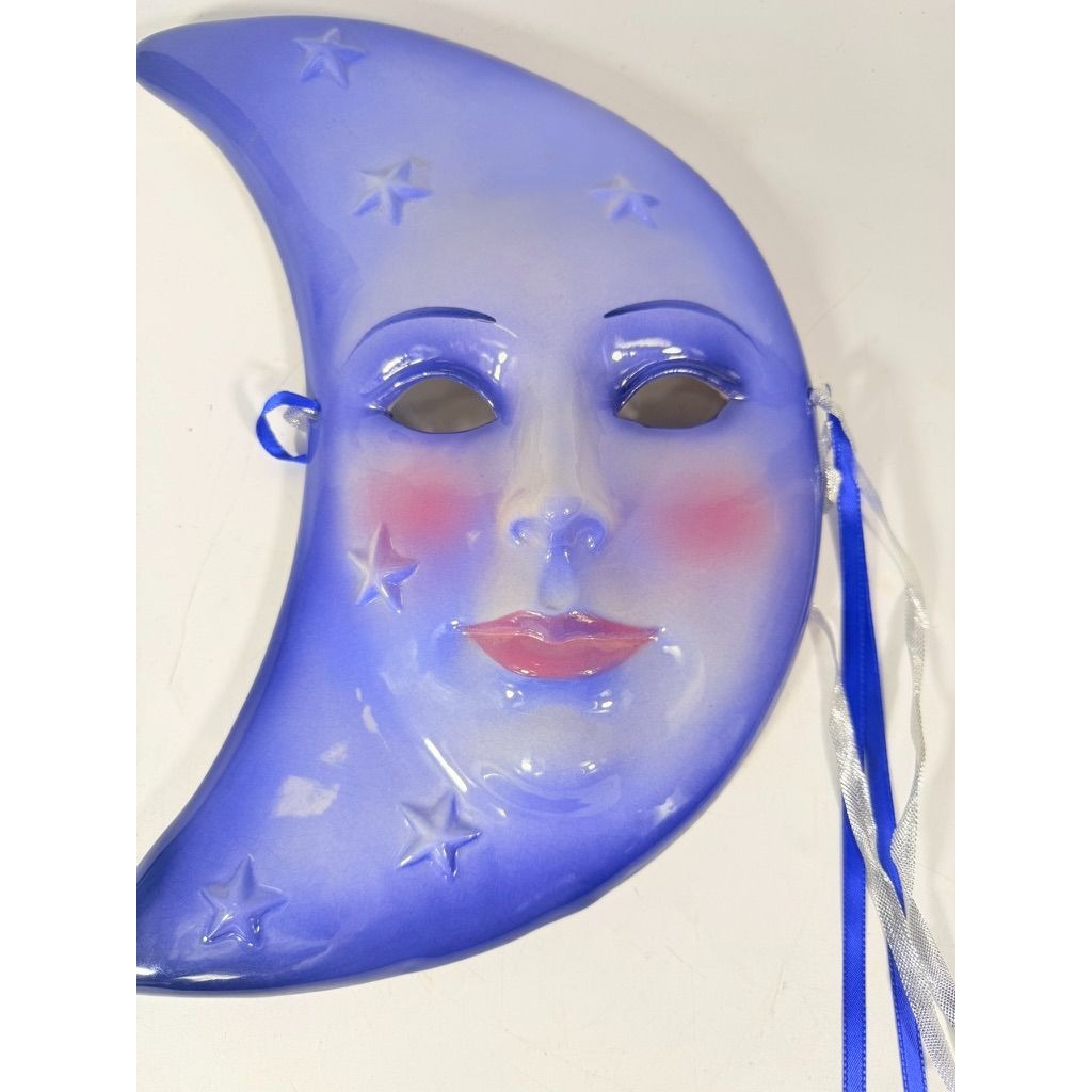 Blue Crescent Moon Face Mask Ceramic Clay Wall Art Celestial Decor Collectible Home Decor Decorative Accents