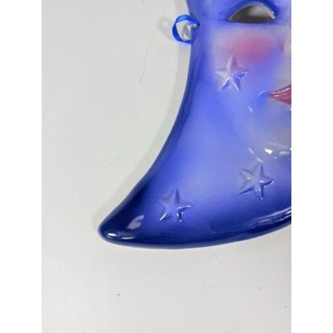 Blue Crescent Moon Face Mask Ceramic Clay Wall Art Celestial Decor Collectible Home Decor Decorative Accents