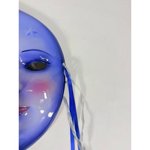 Blue Crescent Moon Face Mask Ceramic Clay Wall Art Celestial Decor Collectible Home Decor Decorative Accents