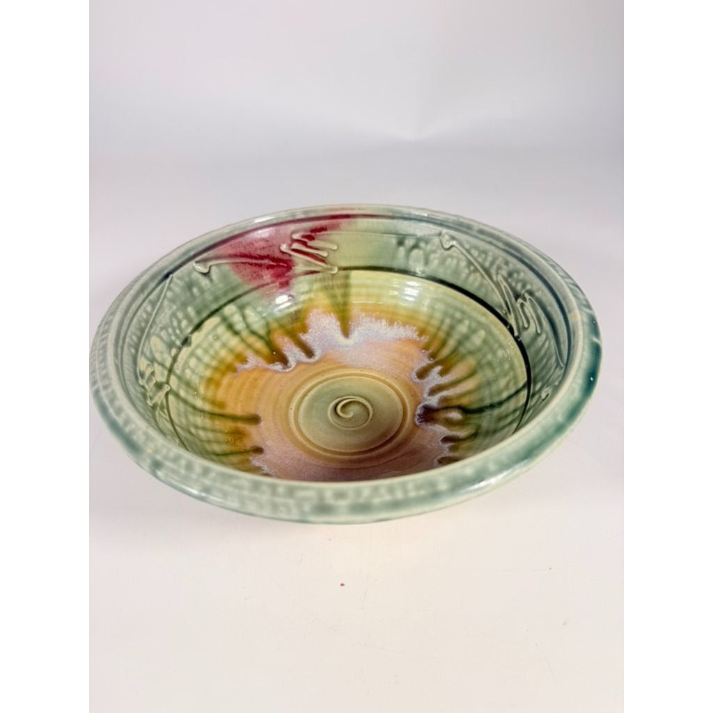 Pottery Bowl Hand Thrown Geoffrey Lloyd potter North Carolina Drip Glaze Green Handmade Collectible Piedmont NC