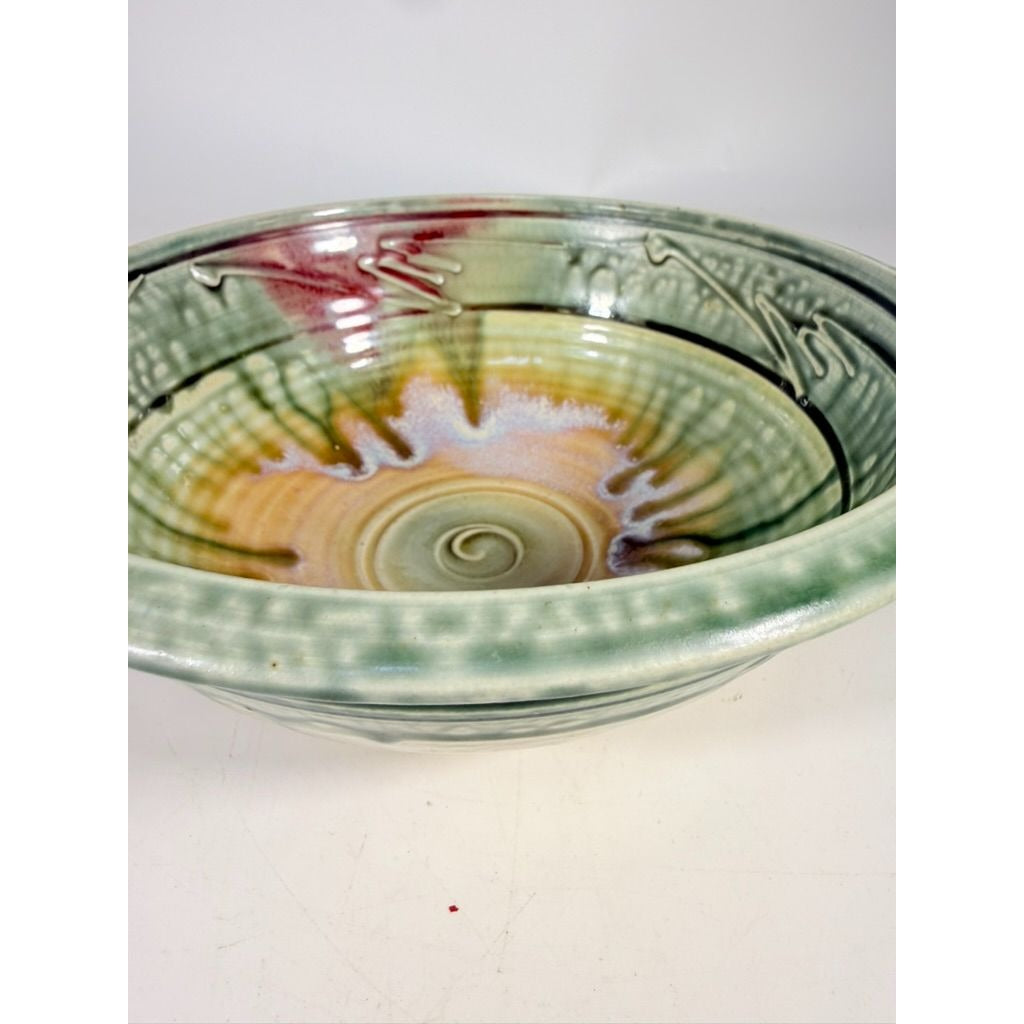 Pottery Bowl Hand Thrown Geoffrey Lloyd potter North Carolina Drip Glaze Green Handmade Collectible Piedmont NC
