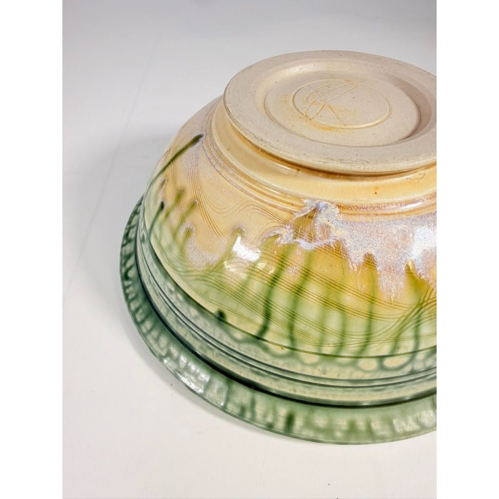 Pottery Bowl Hand Thrown Geoffrey Lloyd potter North Carolina Drip Glaze Green Handmade Collectible Piedmont NC