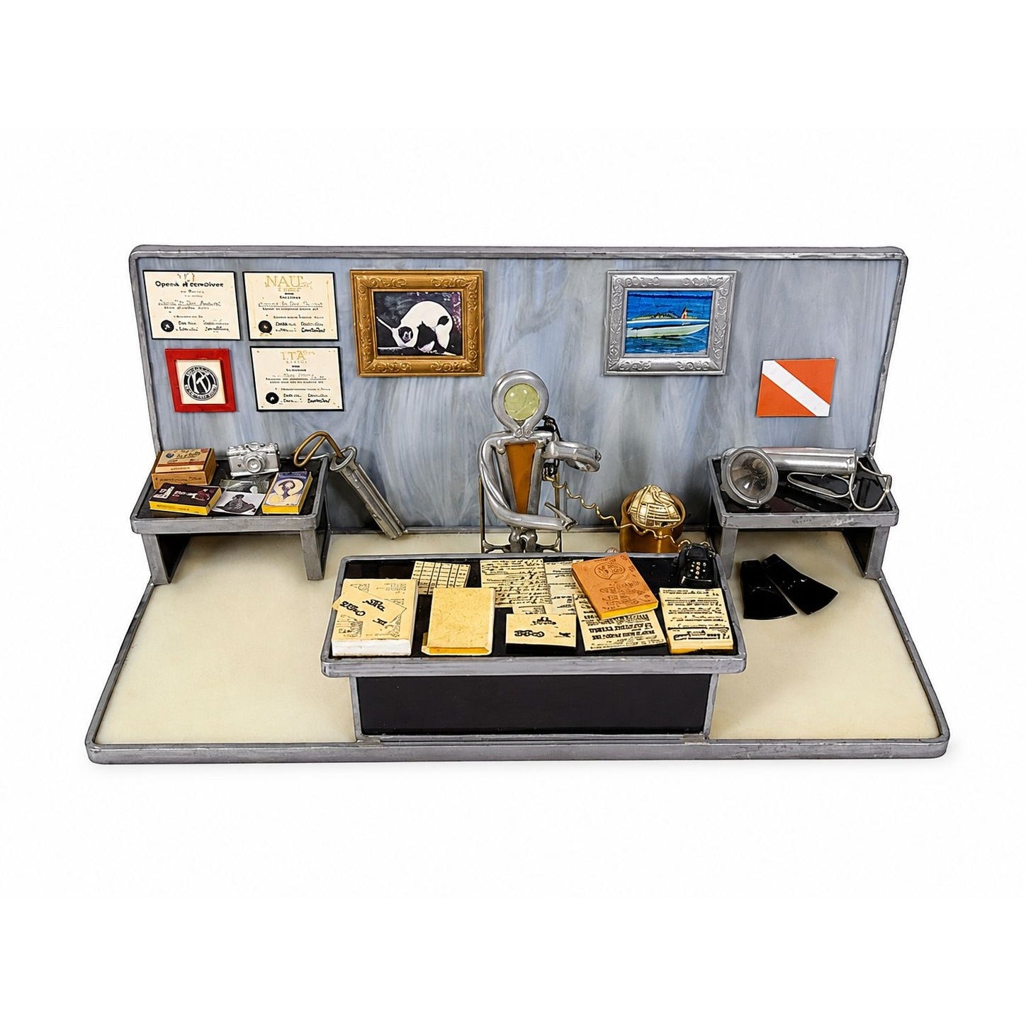 Cartoon Stained Glass Art Sculpture Vintage Desk Wall Street Carl Goeller Handmade Scuba Gear Office Decor Unique