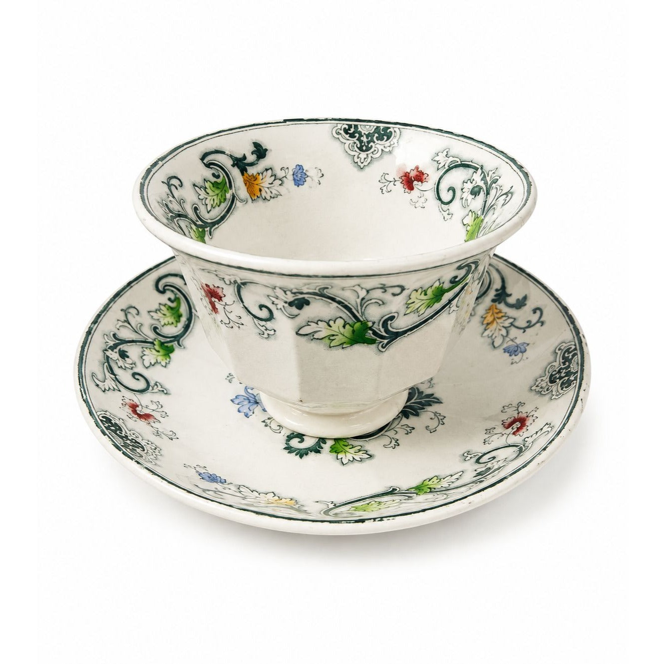 Transferware Tea Bowl and Cup Antique Blue Green Francis Morley Aurora  Staffordshire Handleless Replacement China Ironstone