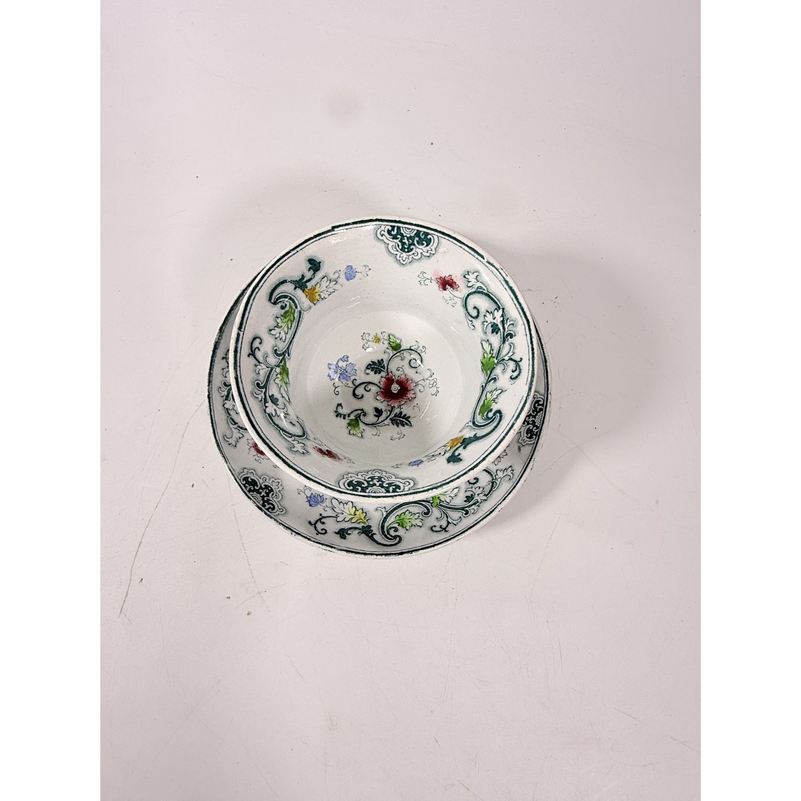 Transferware Tea Bowl and Cup Antique Blue Green Francis Morley Aurora  Staffordshire Handleless Replacement China Ironstone