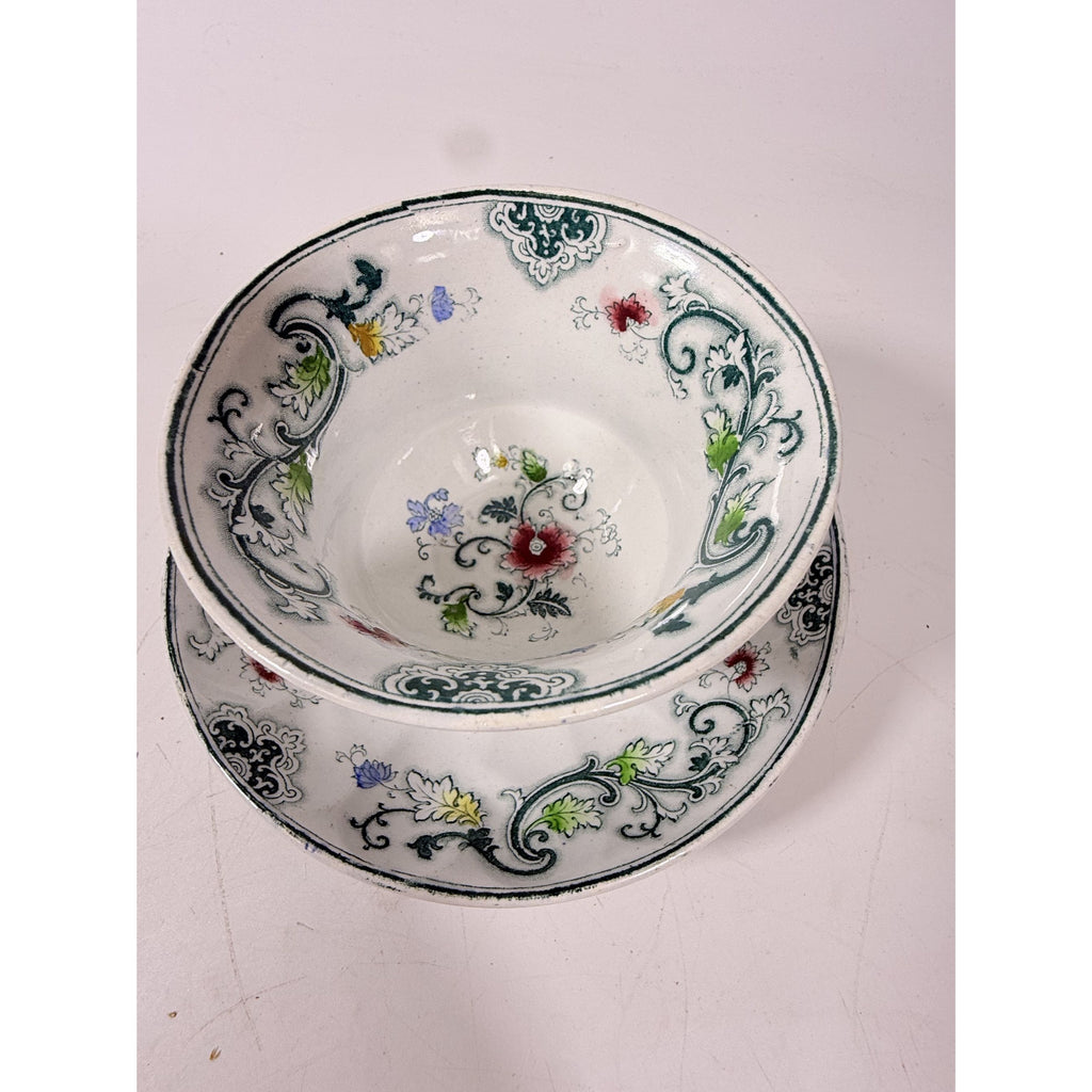 Transferware Tea Bowl and Cup Antique Blue Green Francis Morley Aurora  Staffordshire Handleless Replacement China Ironstone