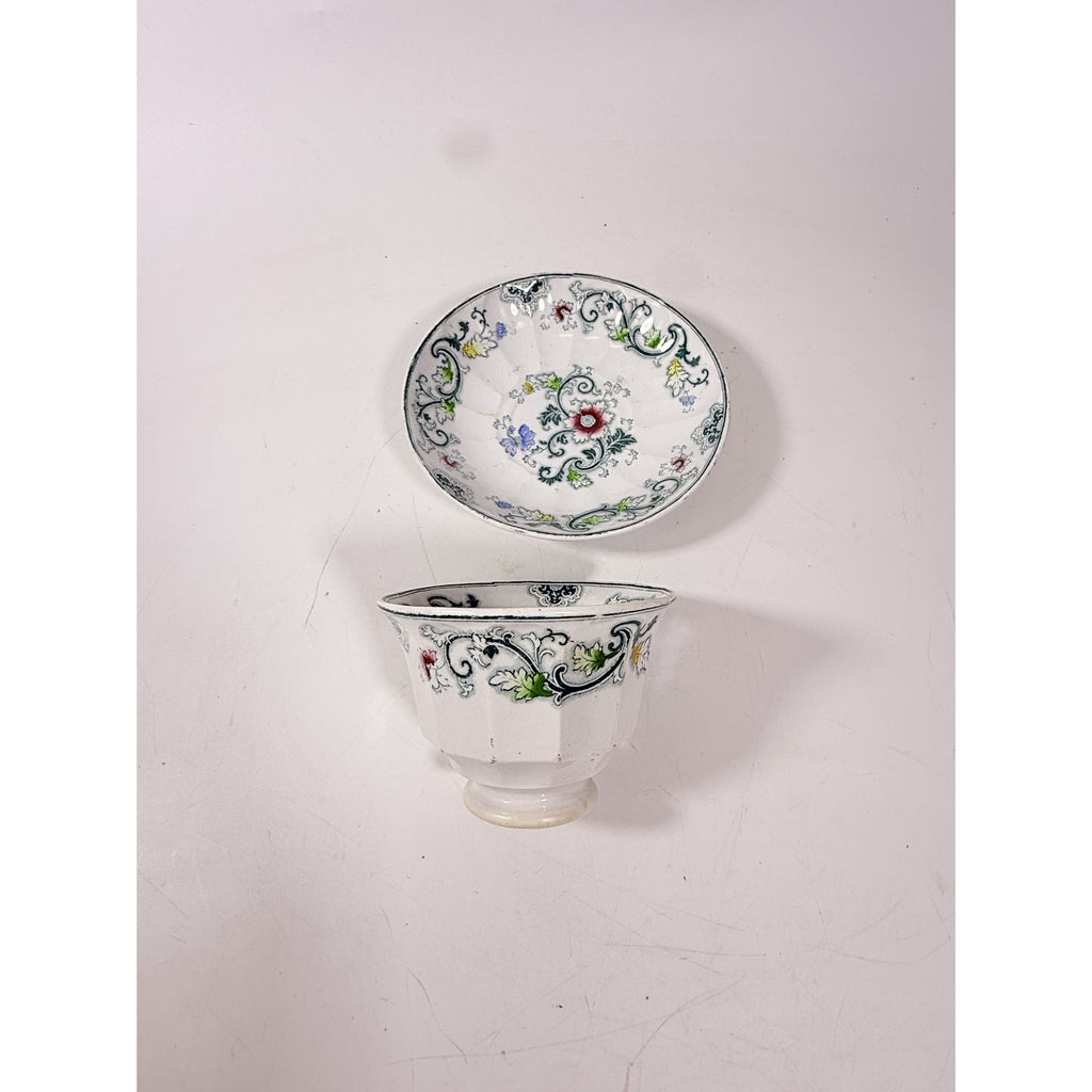 Transferware Tea Bowl and Cup Antique Blue Green Francis Morley Aurora  Staffordshire Handleless Replacement China Ironstone