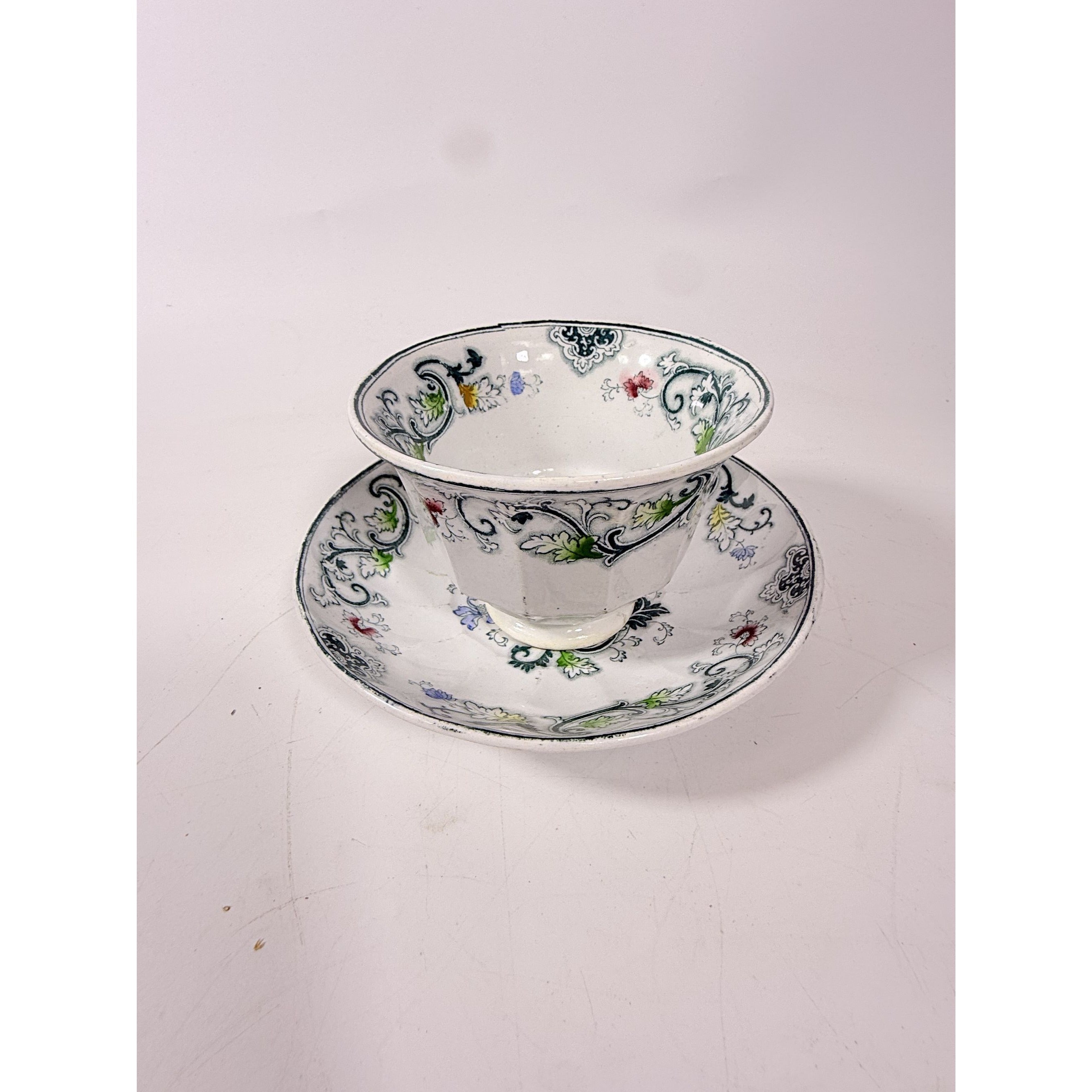 Transferware Tea Bowl and Cup Antique Blue Green Francis Morley Aurora  Staffordshire Handleless Replacement China Ironstone
